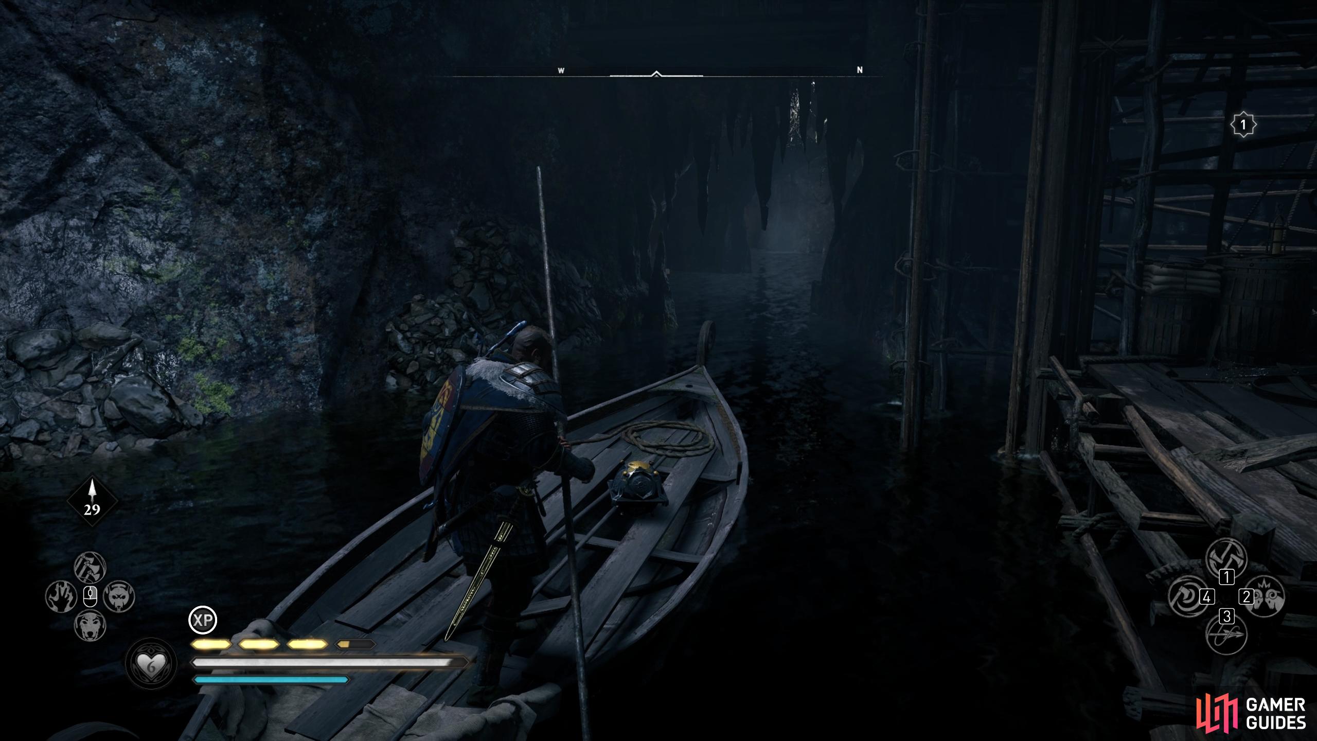 Carry the spherical object to the boat and make your way back to the main chamber.