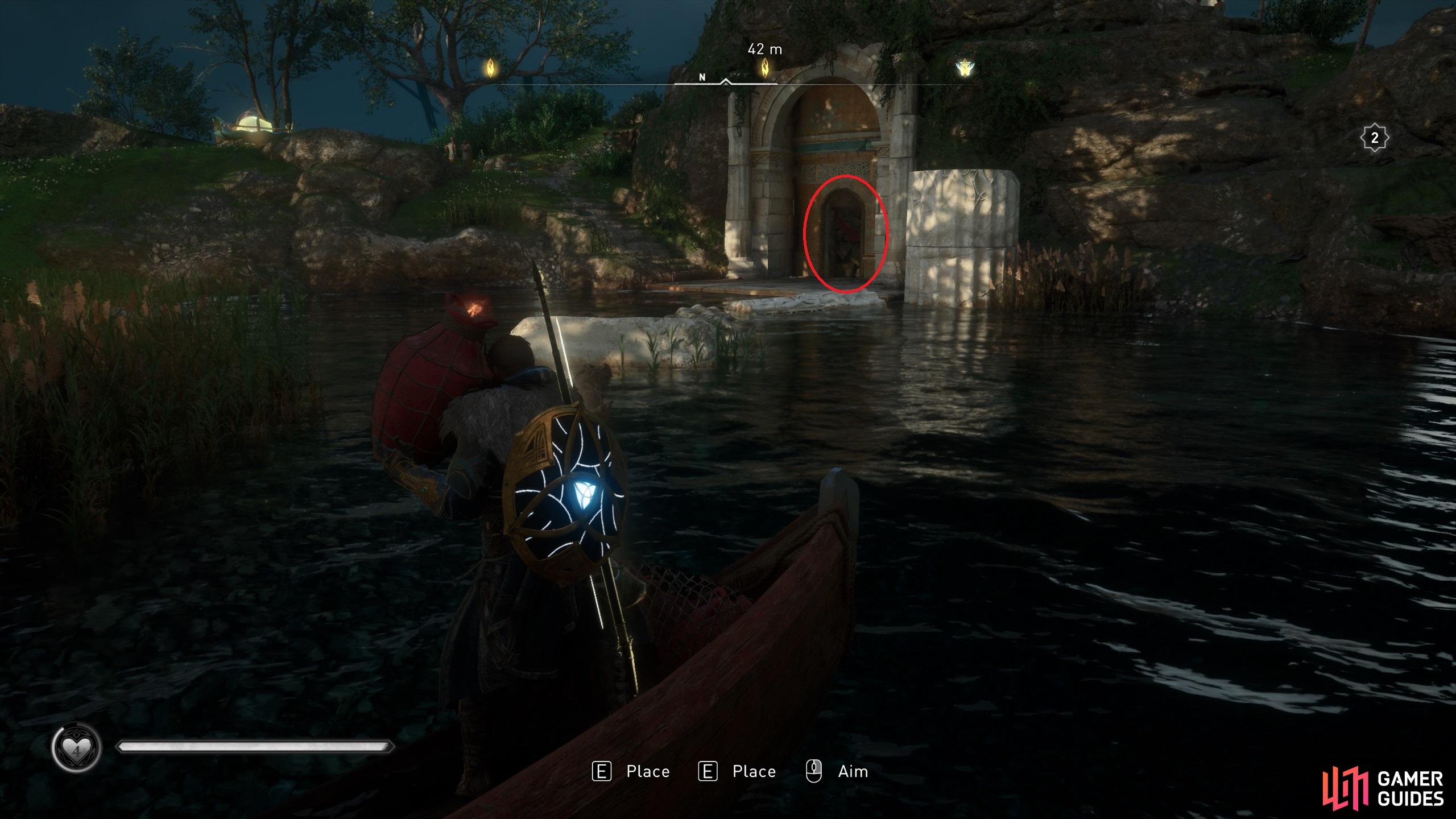 Take the fire pot from the boat and use it to destroy the barricade, circled here in red.