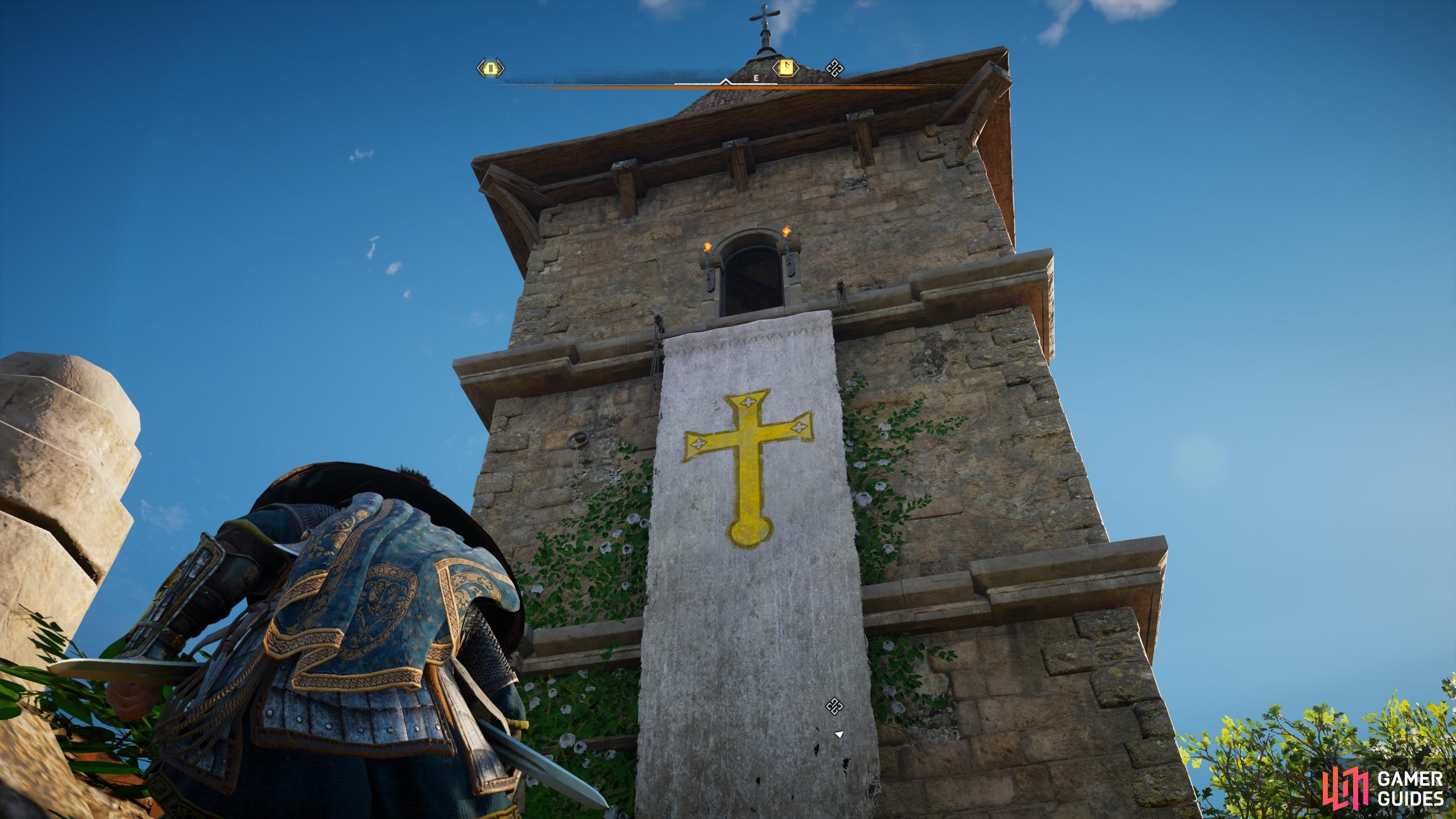 You'll need to climb the tower of the main church and jump through the window above the banner to enter it.