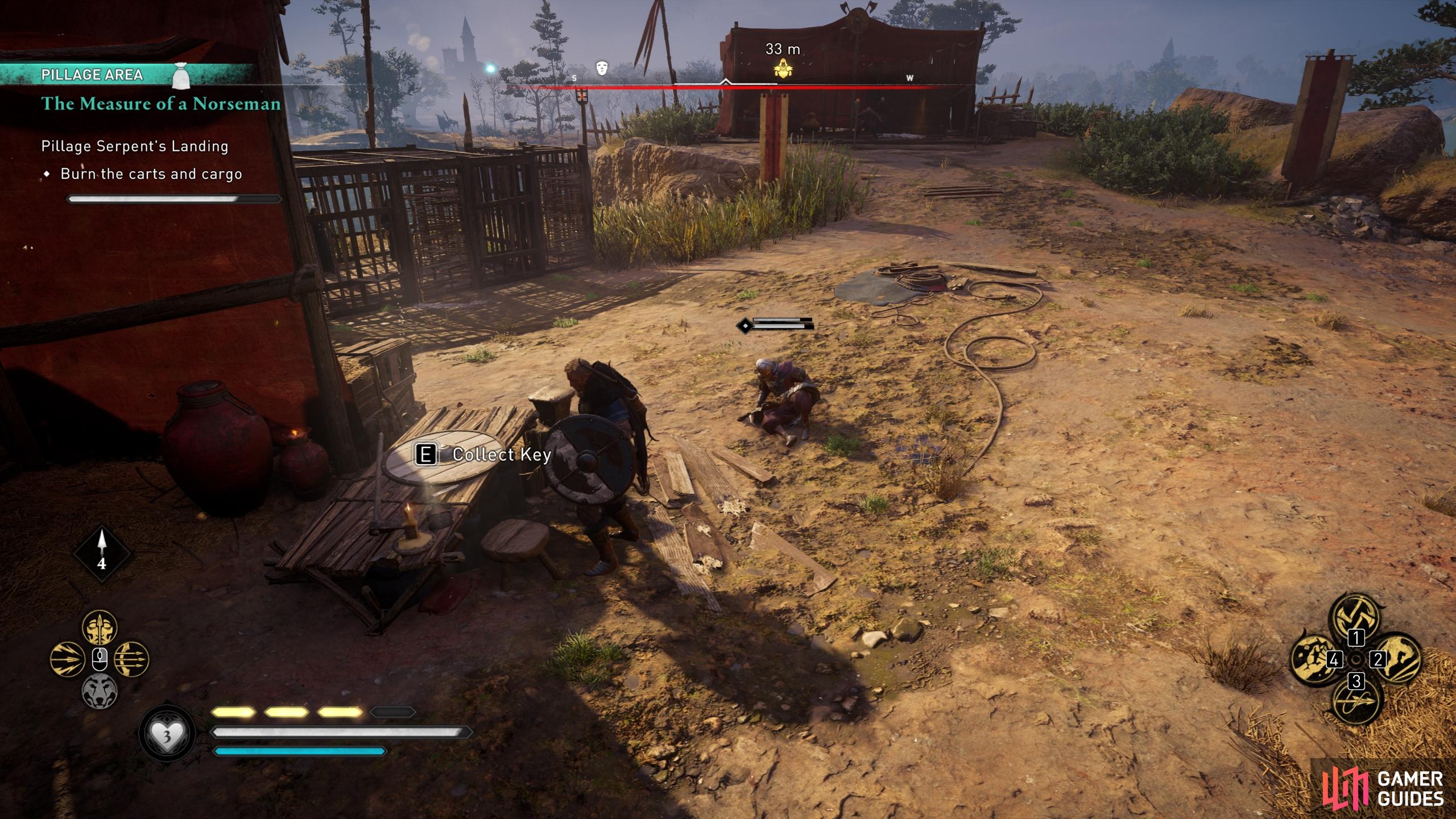 Collect the key from the table in the southwestern part of the camp.
