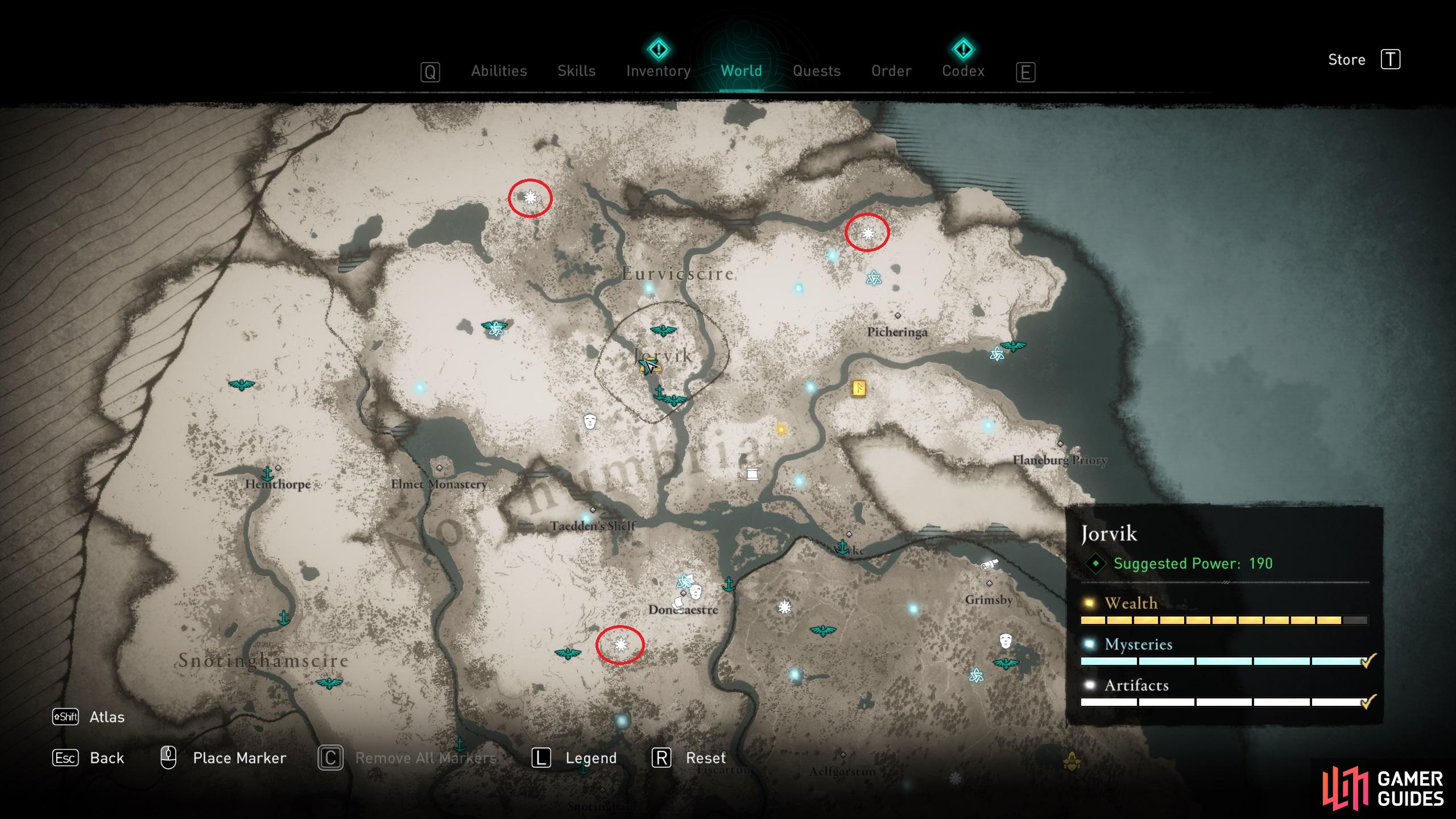 The locations of the Cursed Areas in Eurvicscire, where the keys to the chest can be found.