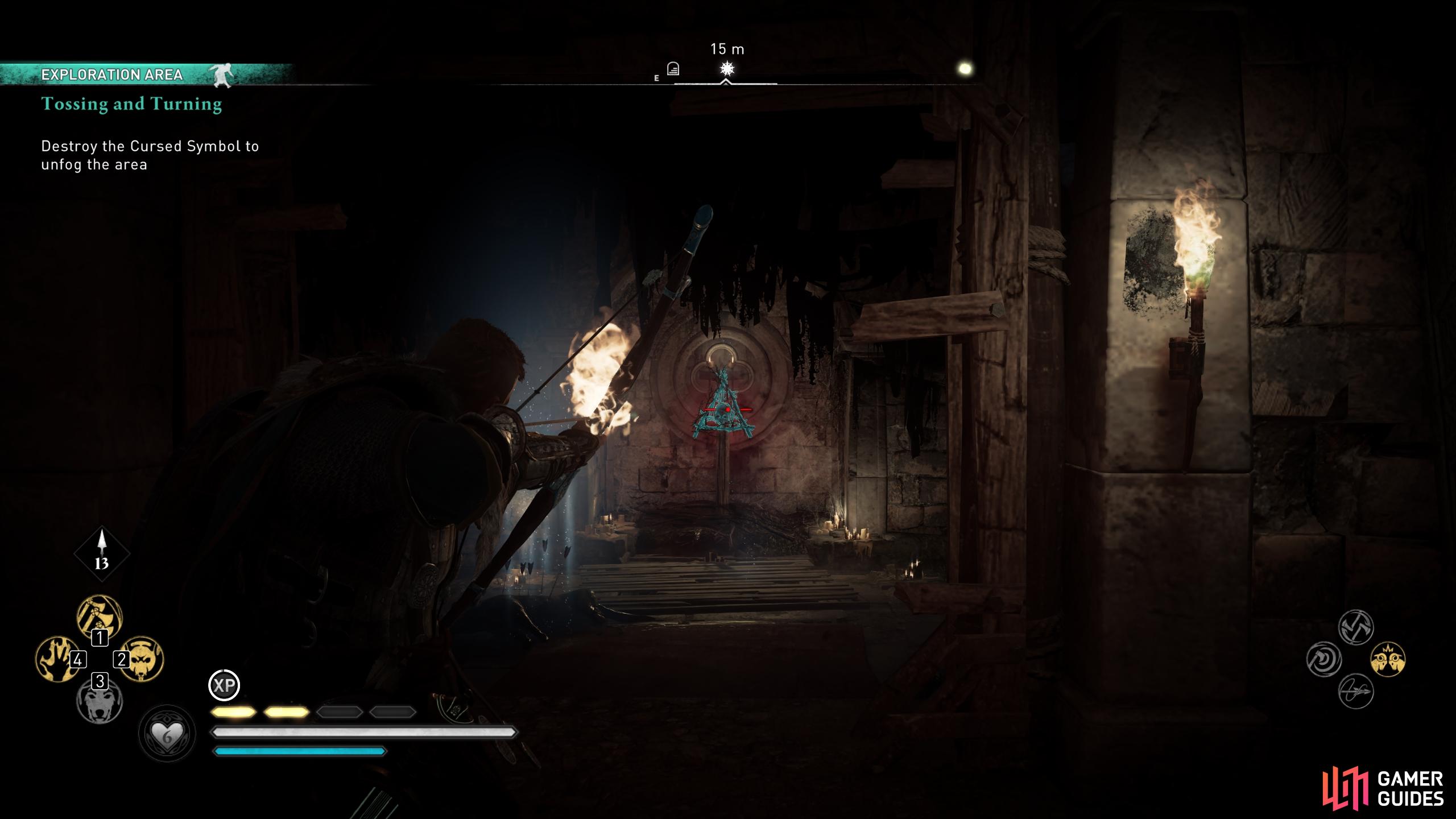 The cursed symbol can be found behind a second barricade within the crypt.