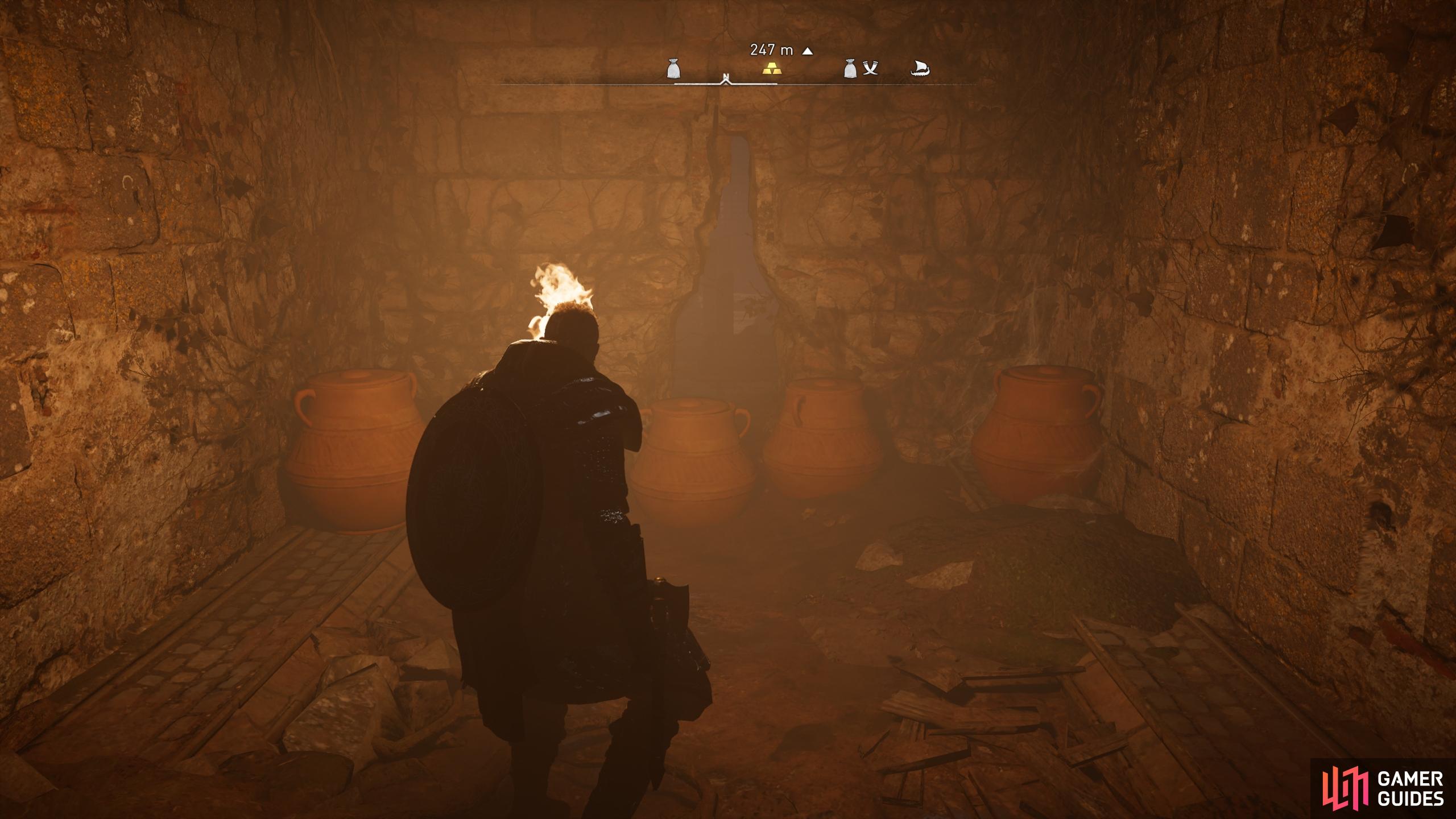 You'll emerge form the water in front of a crack in the wall. Destroy the pots to proceed.