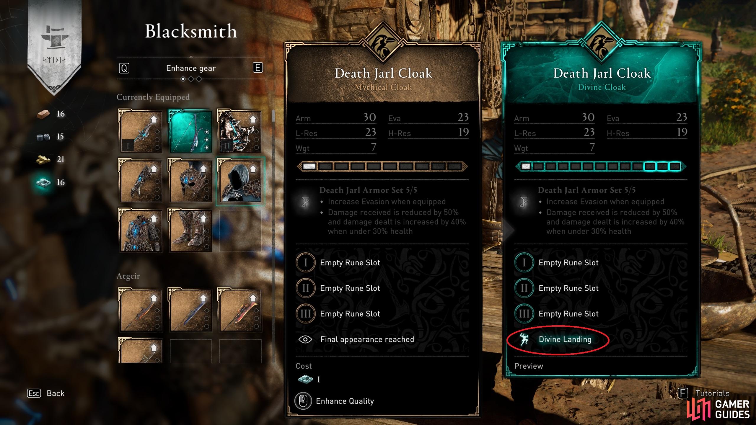 You can acquire the Divine Landing buff from the Death Jarl set if you upgrade it to Mythical.