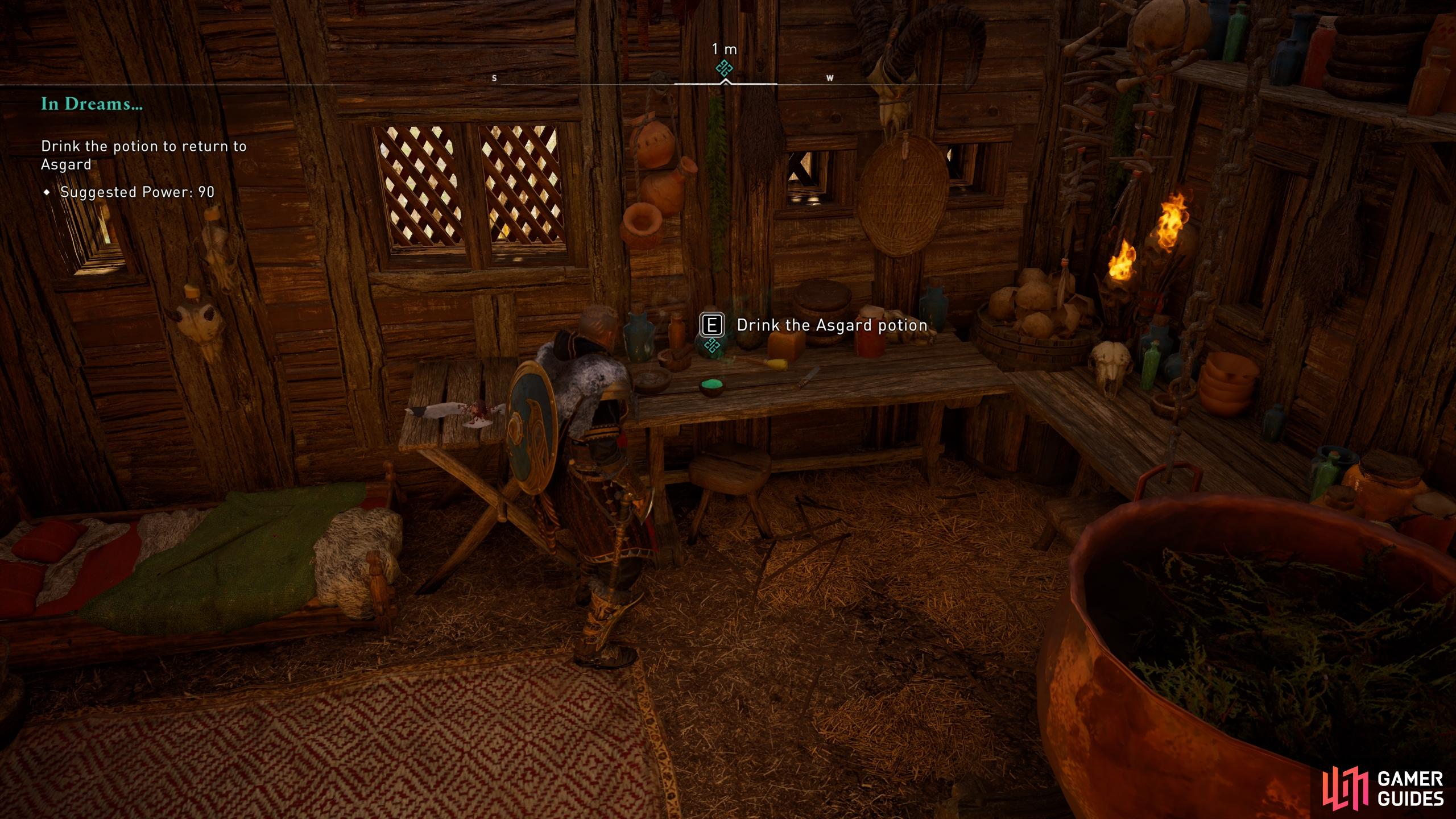 Drink the potion in Valka's hut to travel back to Asgard.
