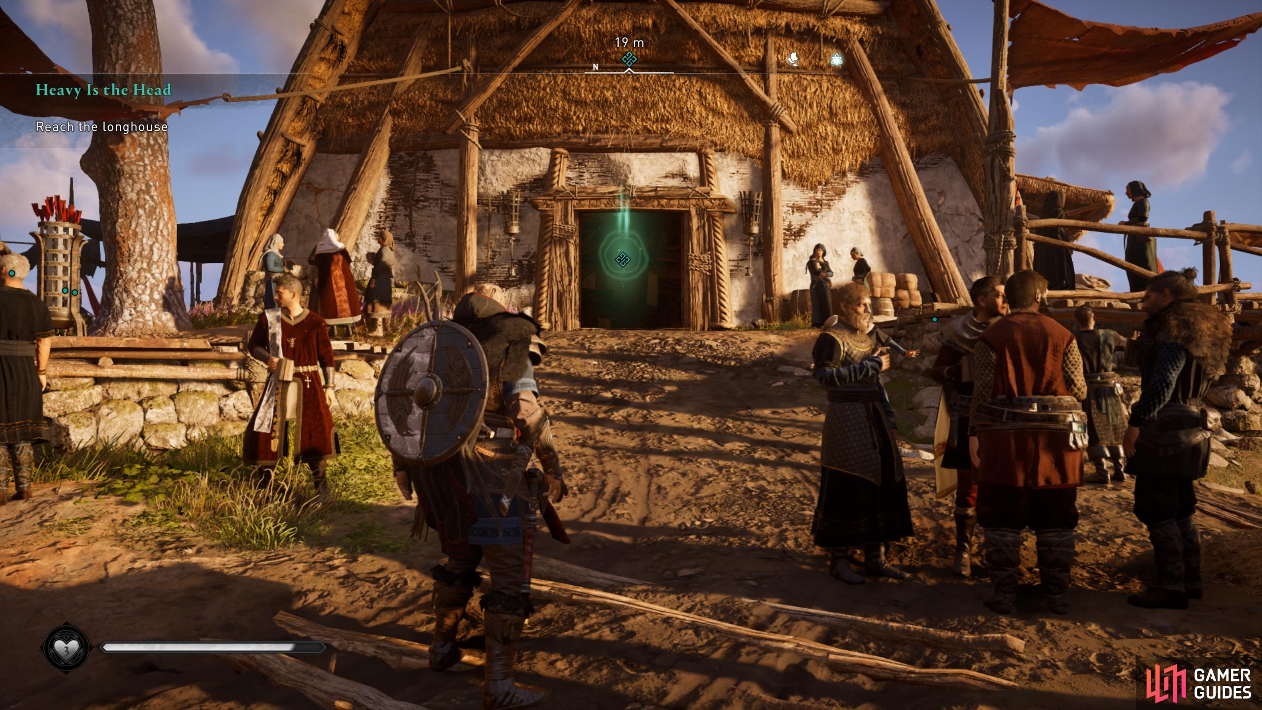 When you reach the longhouse, enter it to trigger a cutscene.