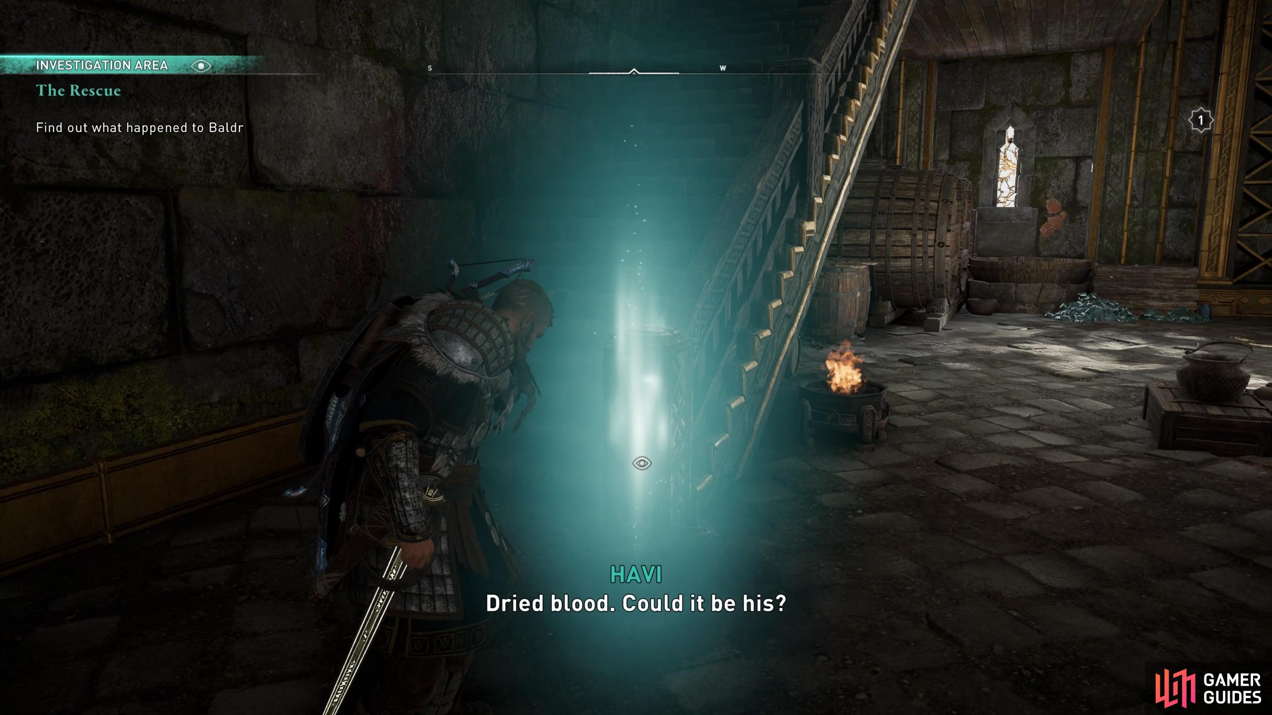 Use Odin's Sight to find the blood at the bottom of the stairs.