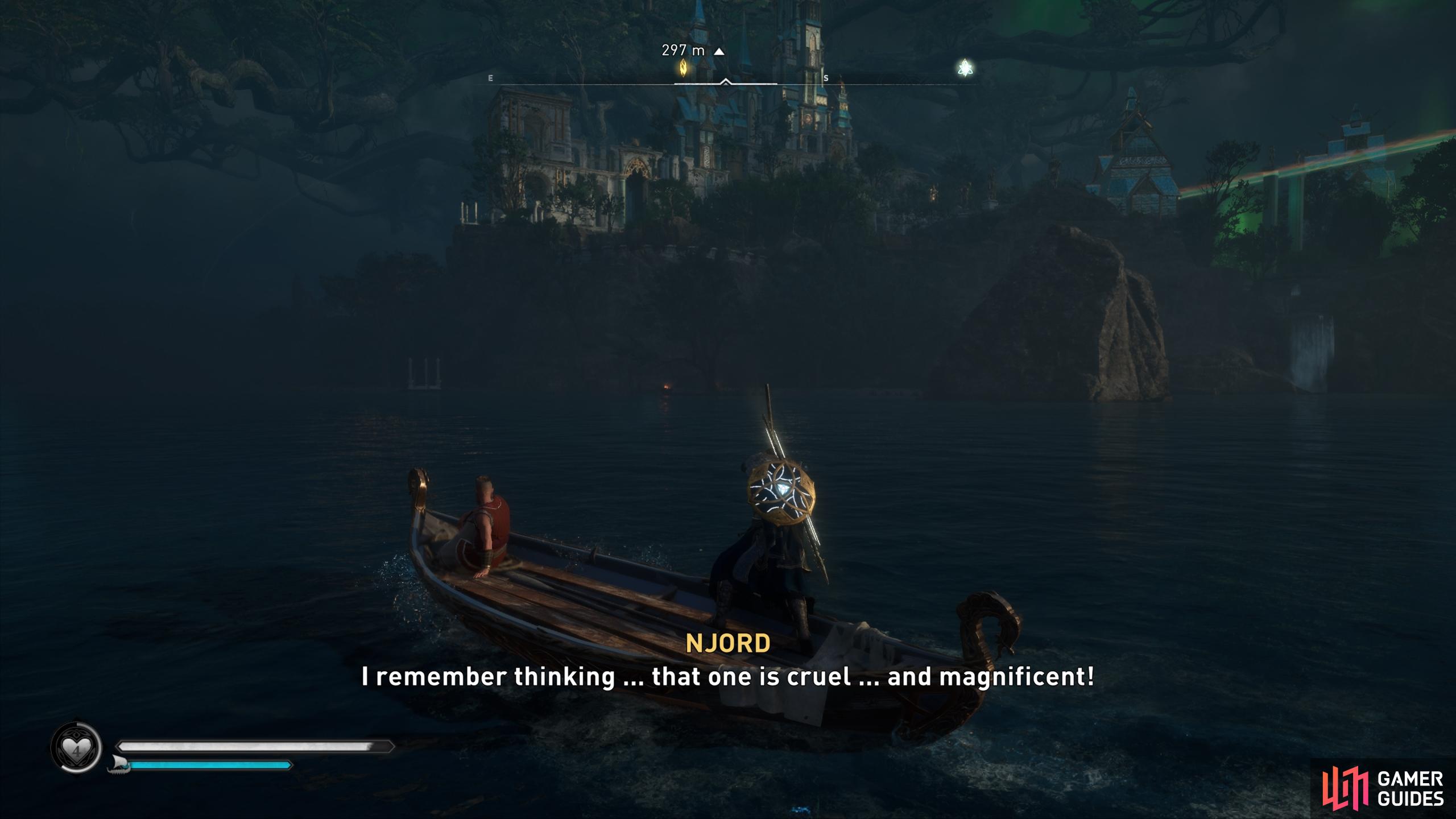 Wait for Njord to get in the boat with you, then ferry him back to the shore to the south.
