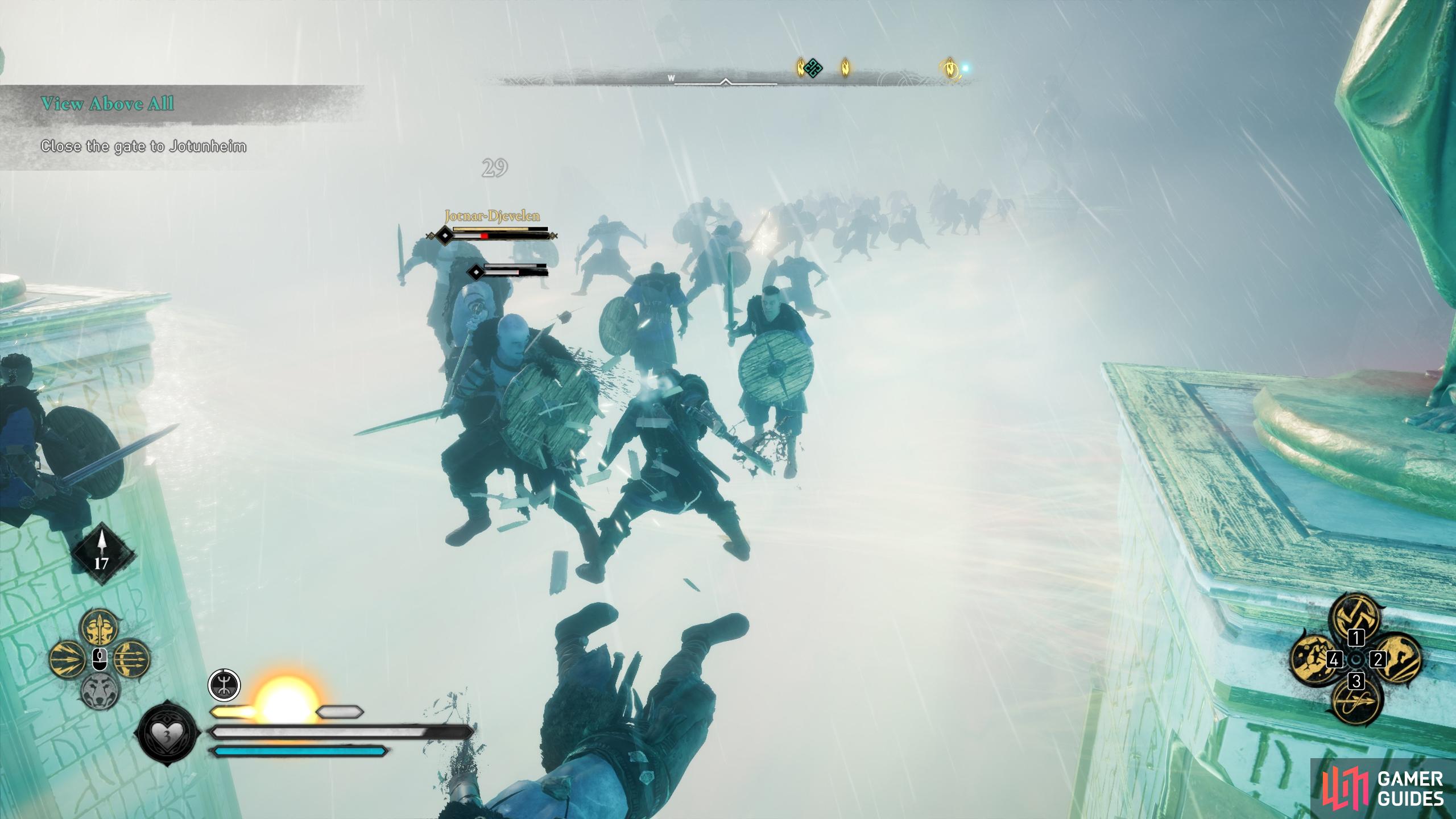 You can fight as many giants as you want on the bridge, but you main goal is to reach Heimdall's Tower.