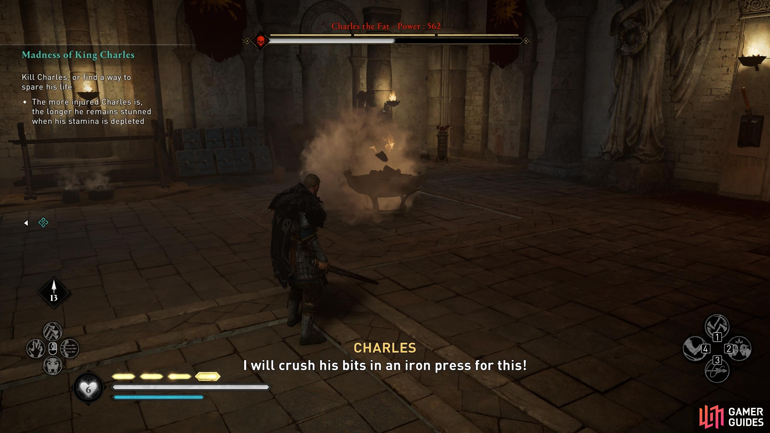 After throwing Charles into two braziers, he'll begin to extinguish the fires by throwing rocks at them.
