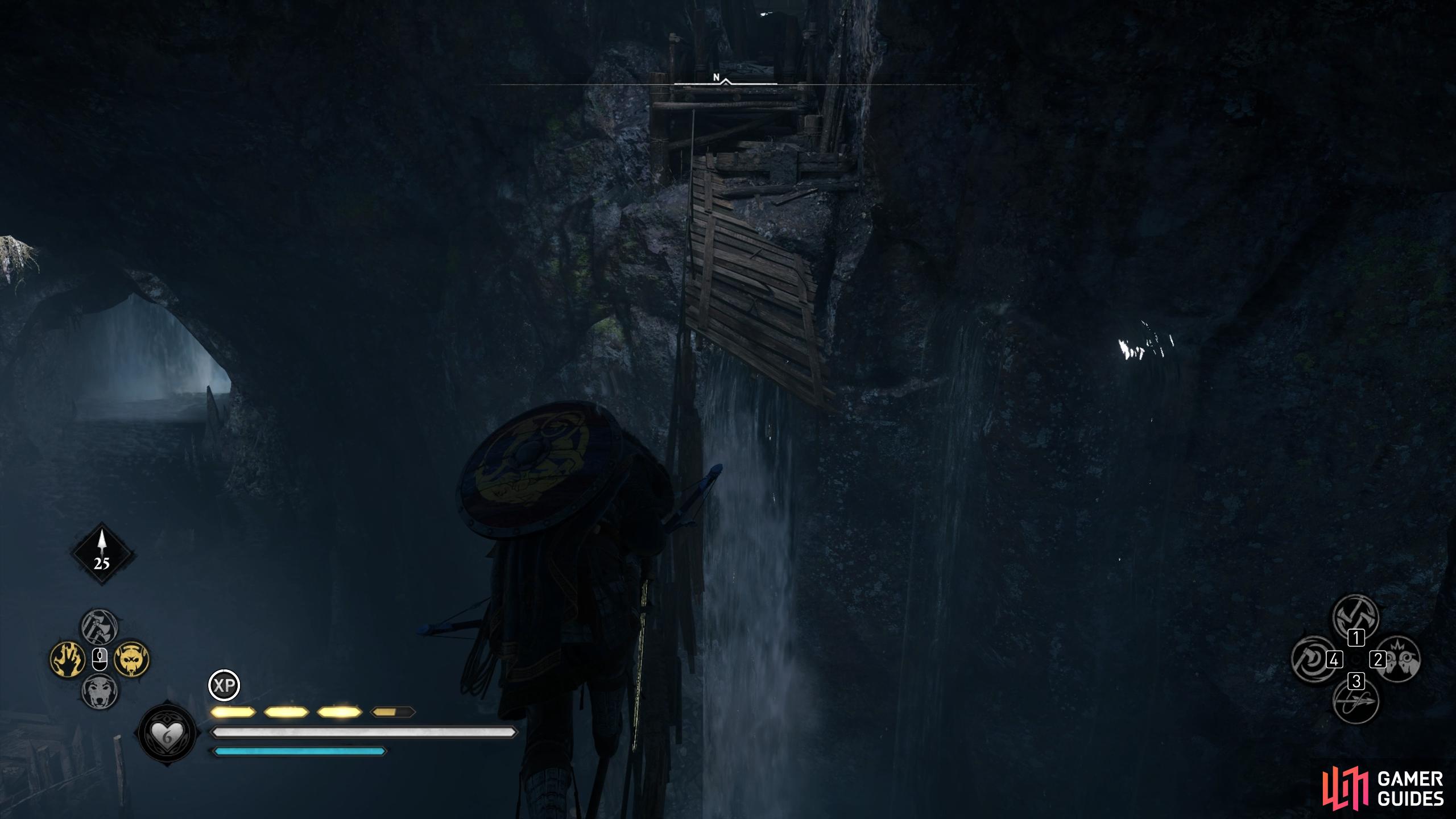 Once youve looted the chest for the breastplate, follow the rope line out of the cave.