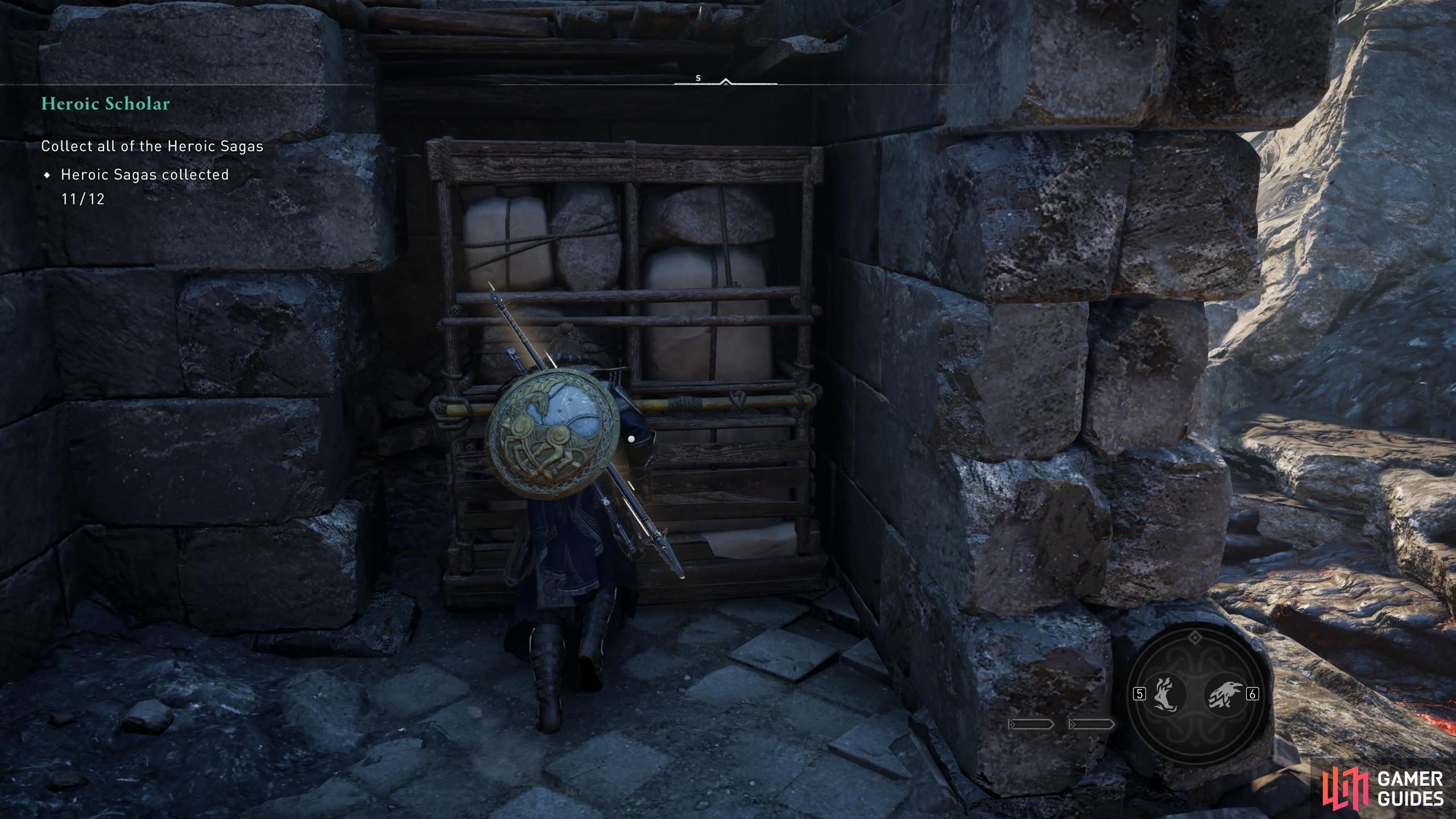 You can find a fire pot to destroy the front door behind this barricade in the stone ruins to the northwest.