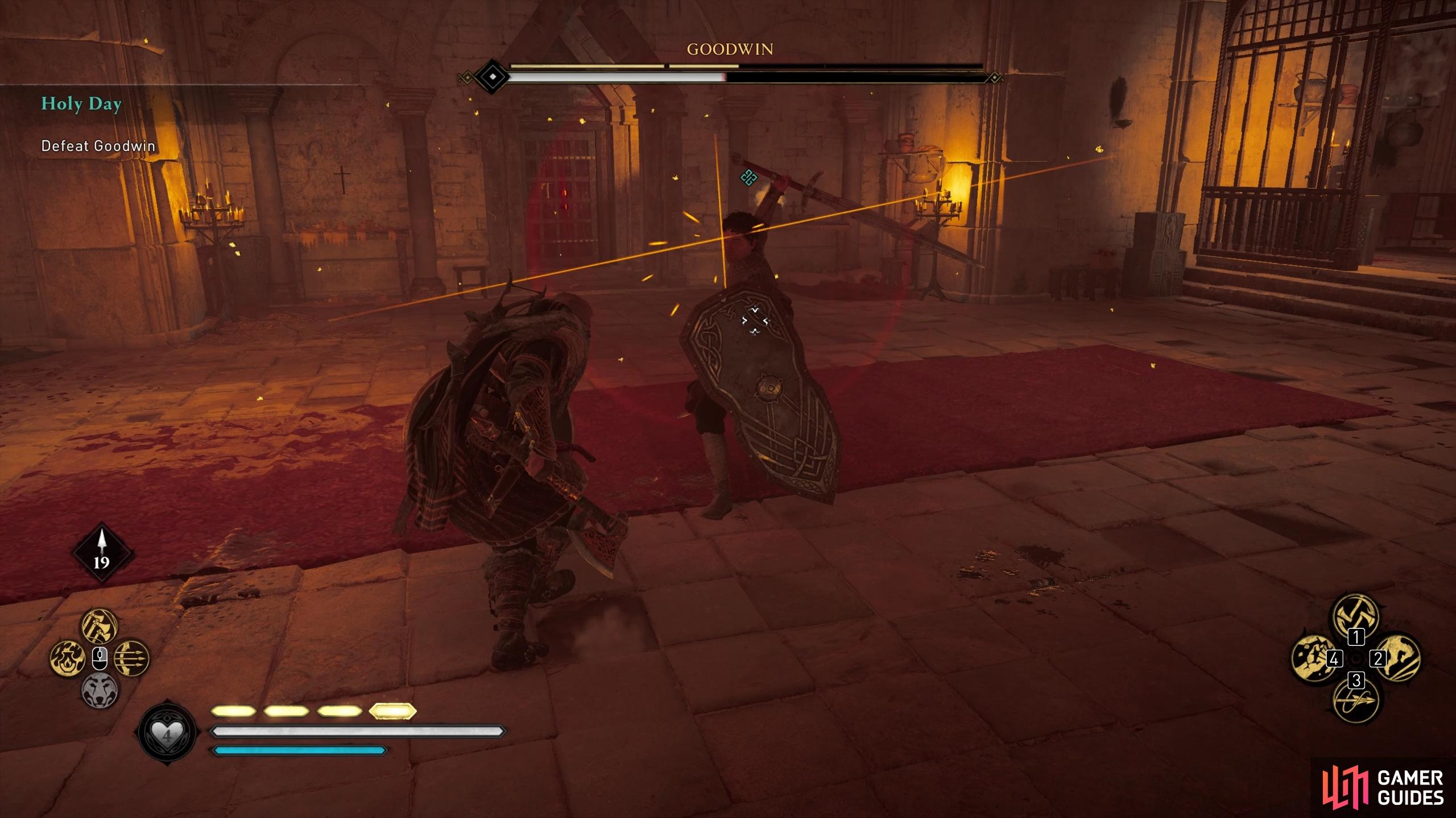 You can block or parry most of Goodwin's regular or yellow / orange attacks.