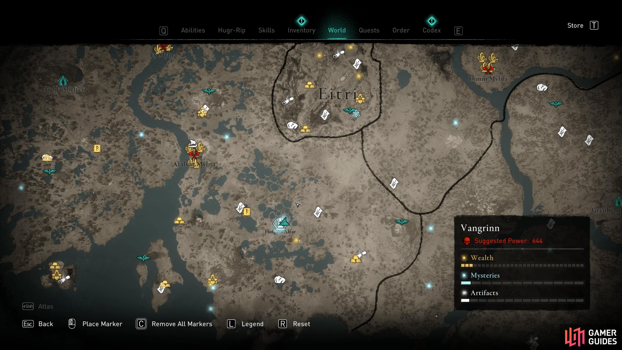 The location of the Hofgard Altar mystery on the map. Also note the locations of raiding locations with red axes, where Silica can be found.