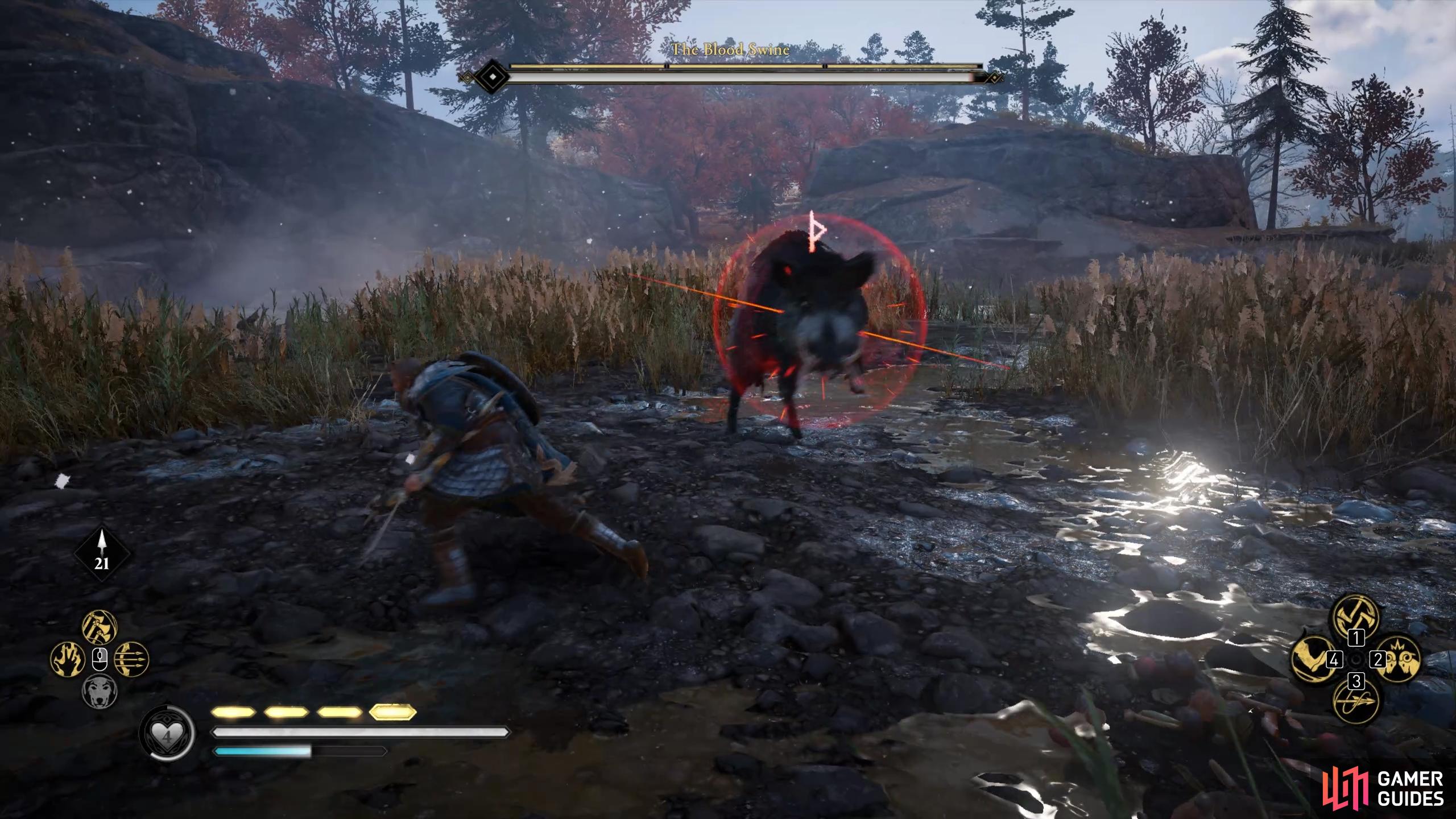 You can easily avoid the red rune aura attack where the boar is stationary as it kicks into the air.