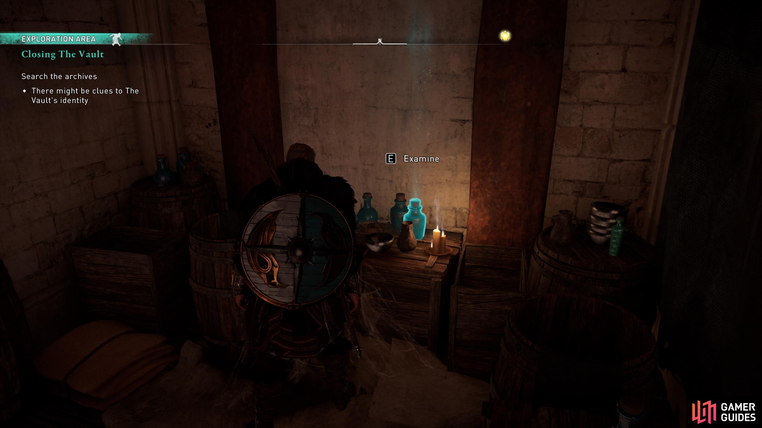 Inspect the wine in the hidden room behind Hjorr's table.