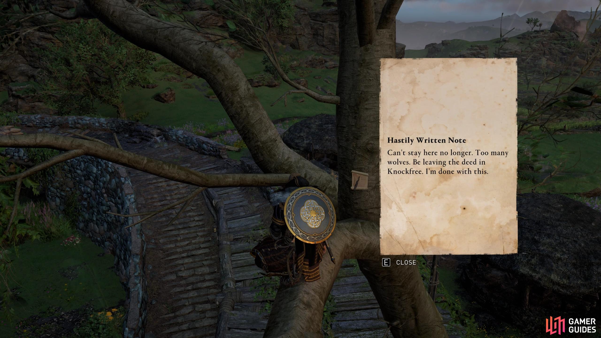 You'll find the note on a tree at the northwestern side of the trade post.