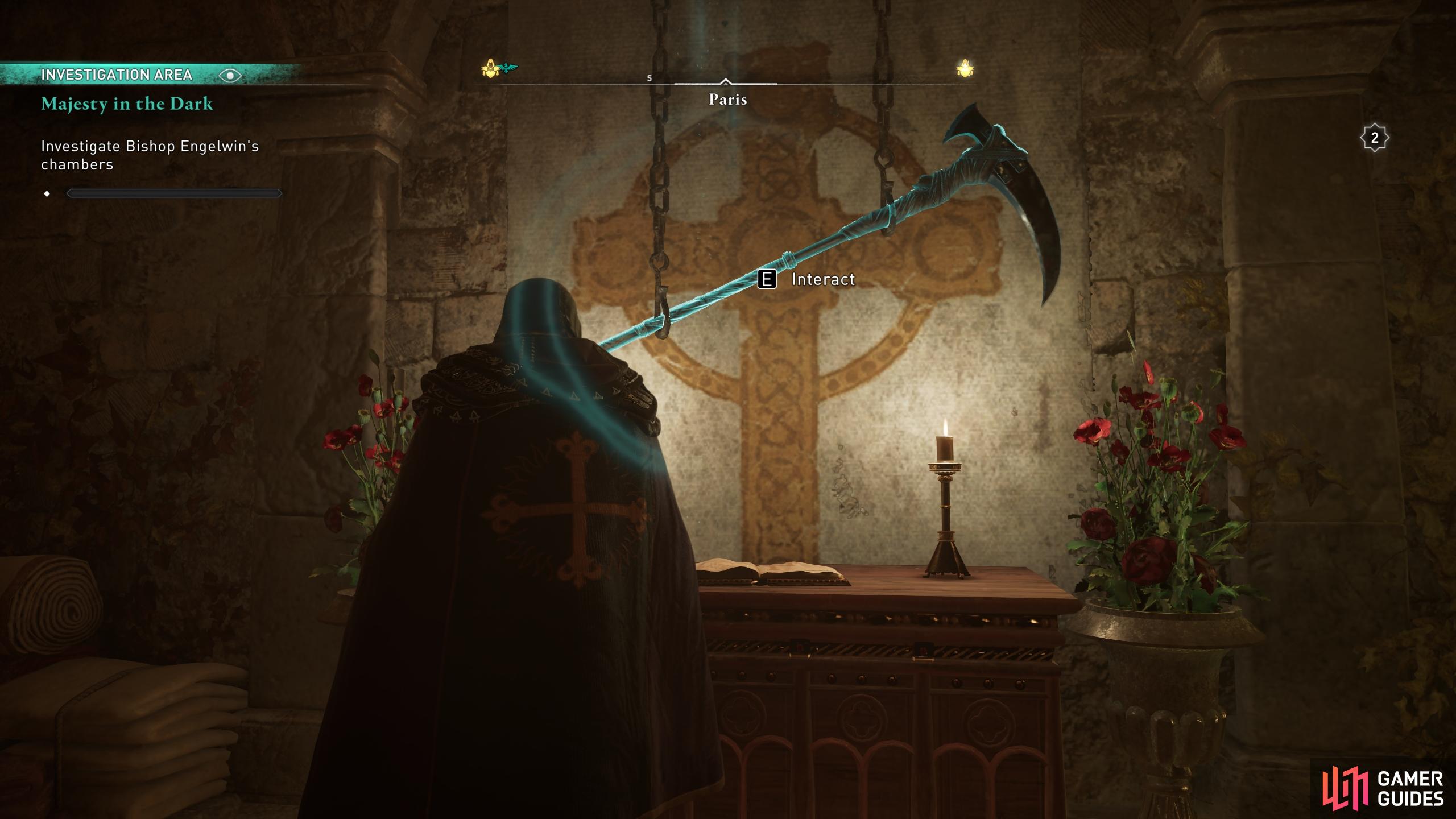 Interact with the scythe on the wall to take it into your inventory.
