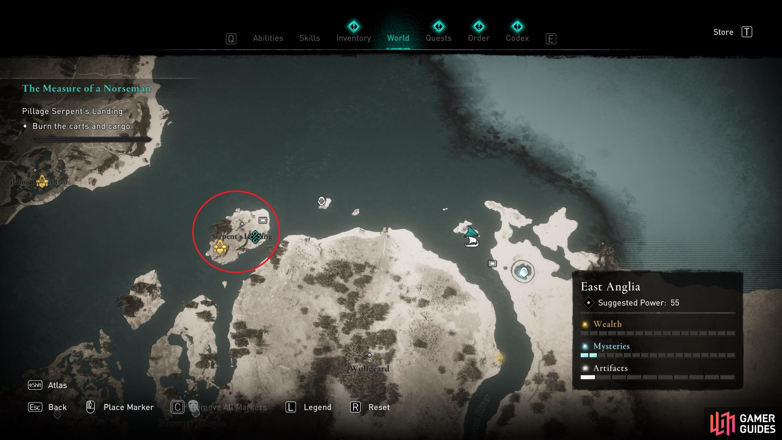 The location of the camp on the island named Serpent's Landing.