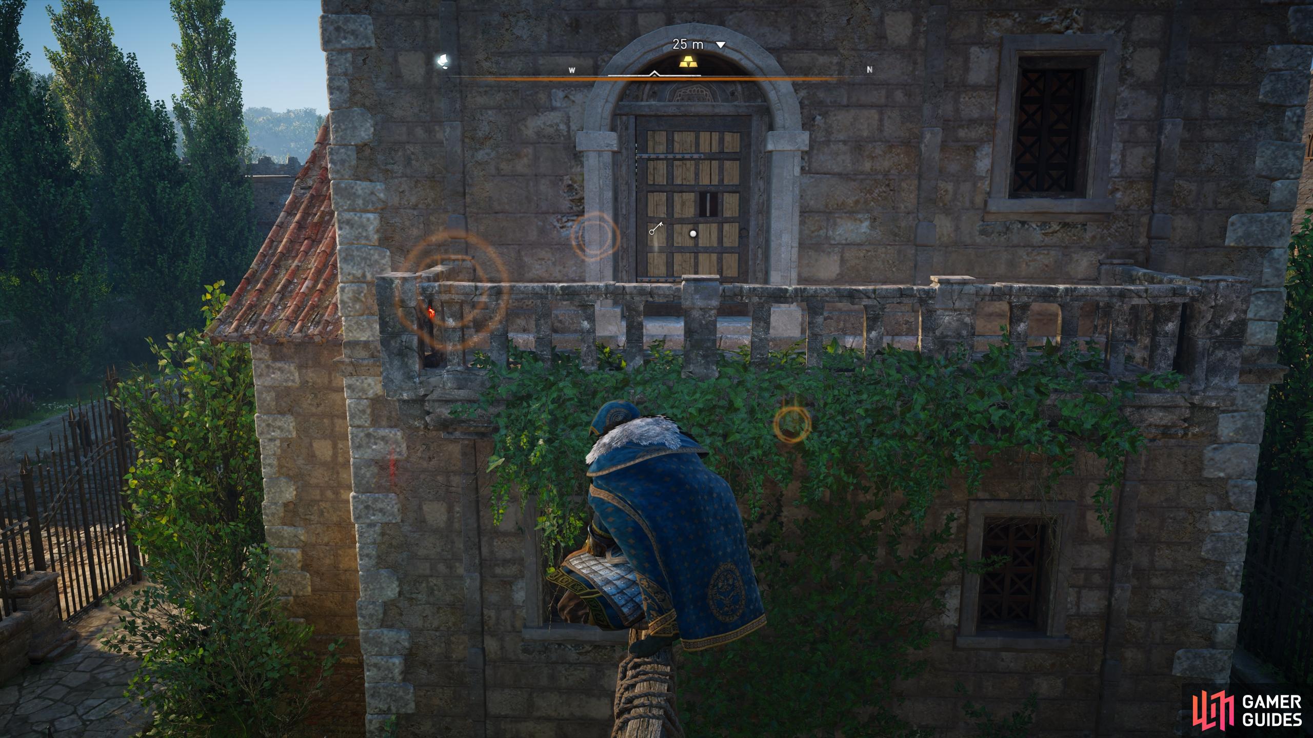 You can jump to the balcony from the building opposite, to the southeast.