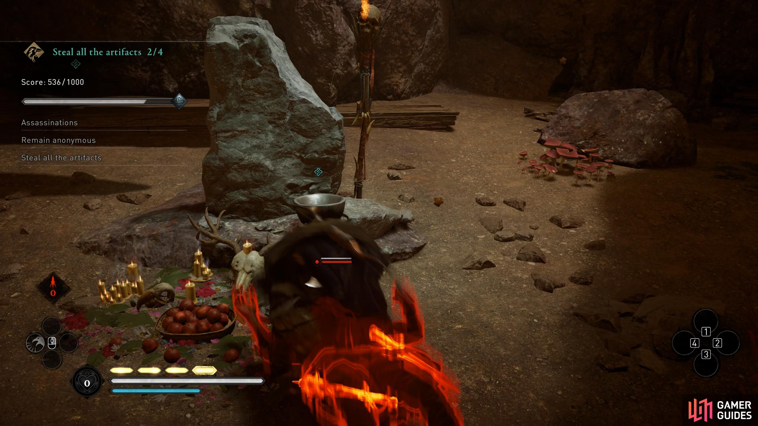 Run at the guard in the cave and assassinate them quickly, then loot the artifact.