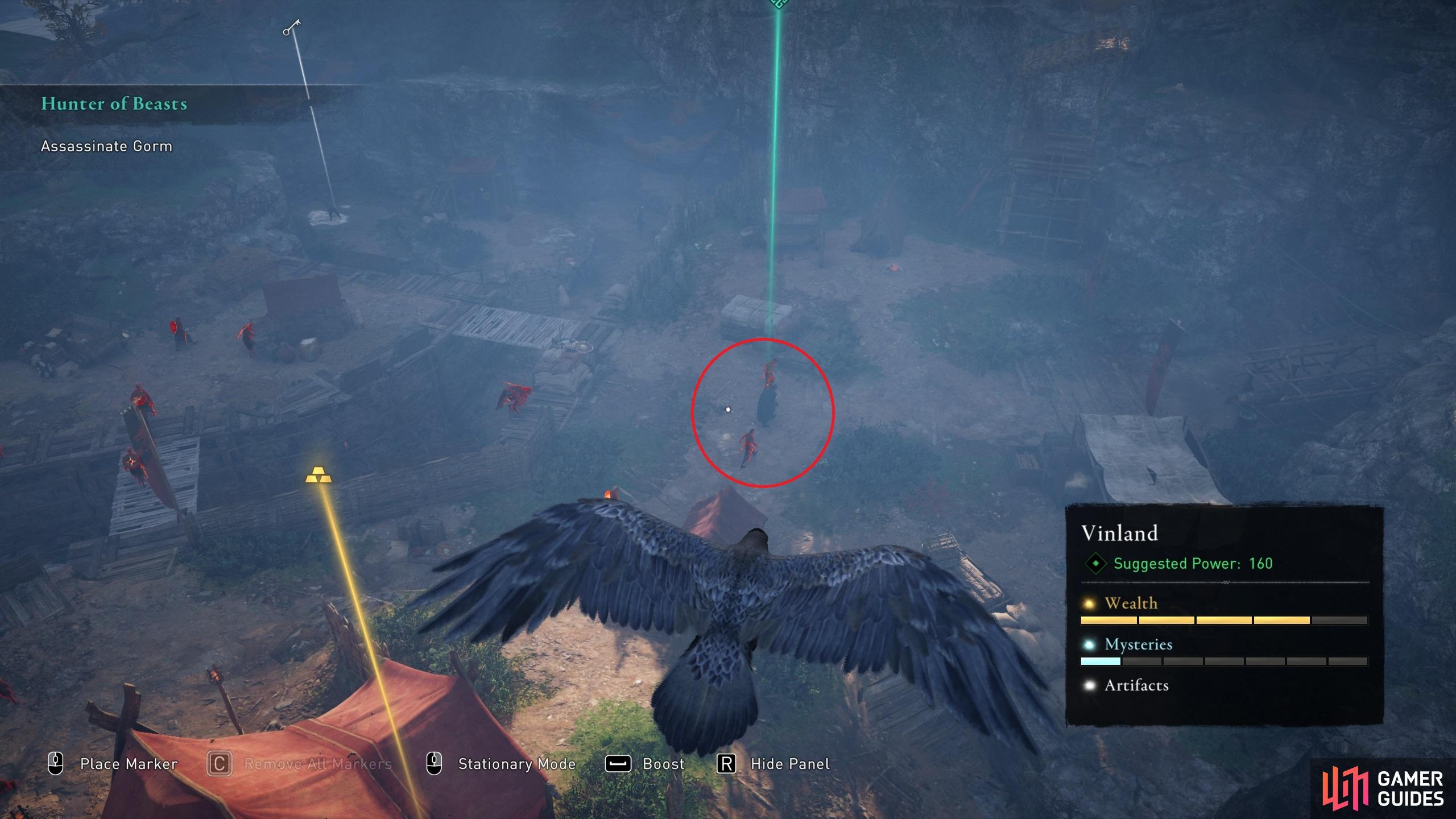 Use your raven to identify the location of Gorm within Narfljot Camp.