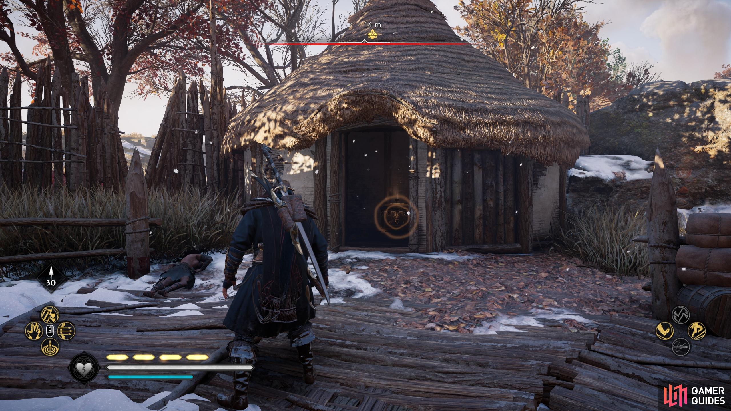 You'll find the roundhouse with the chest inside at the southwestern side of the hideout.