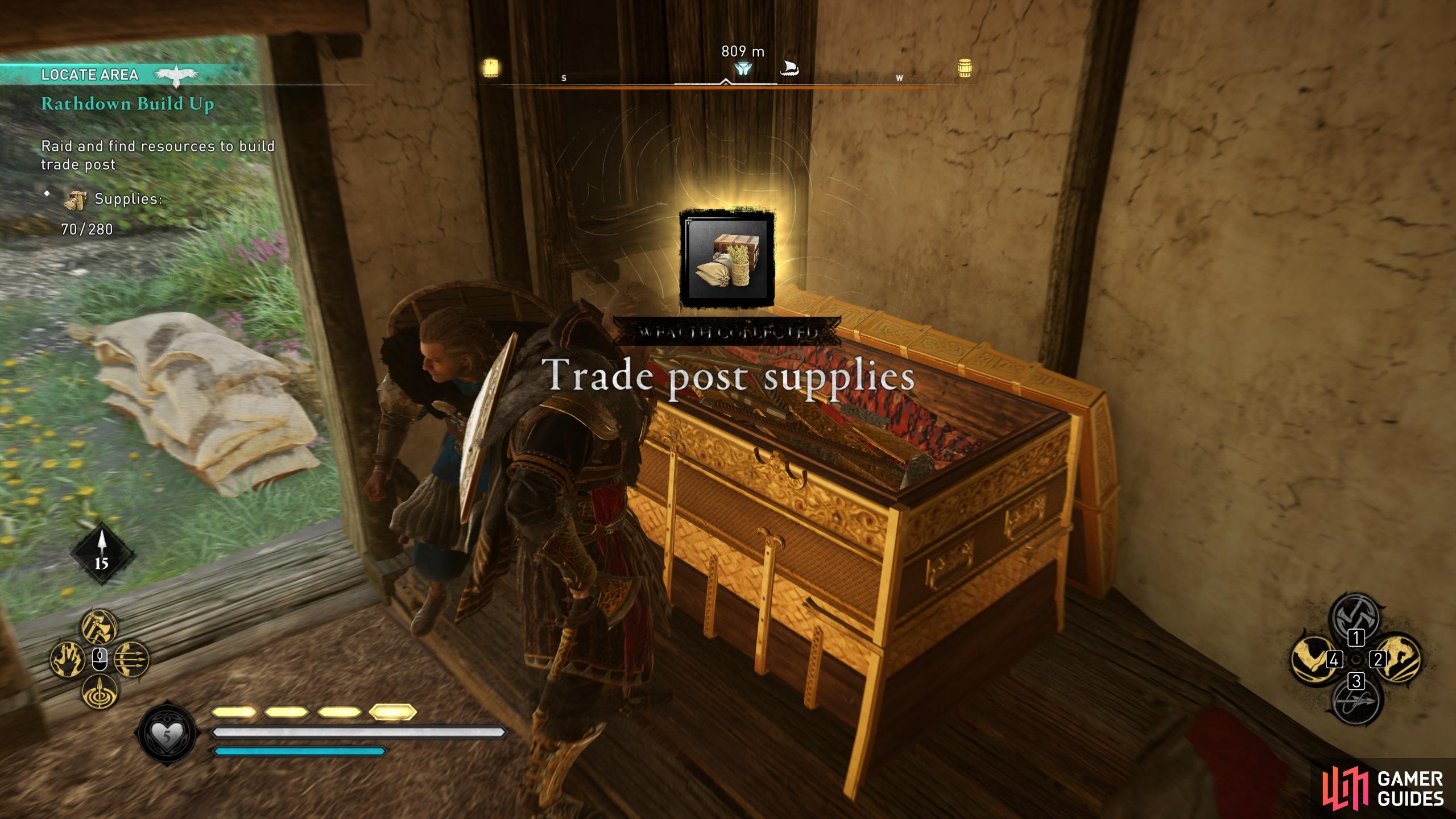 Raid the chests at Lambay Abbey for the trade post supplies.