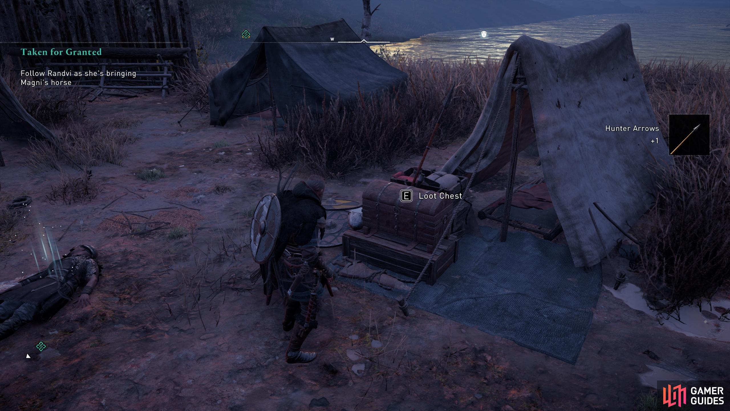 Be sure to loot the treasure chest before you leave the camp.