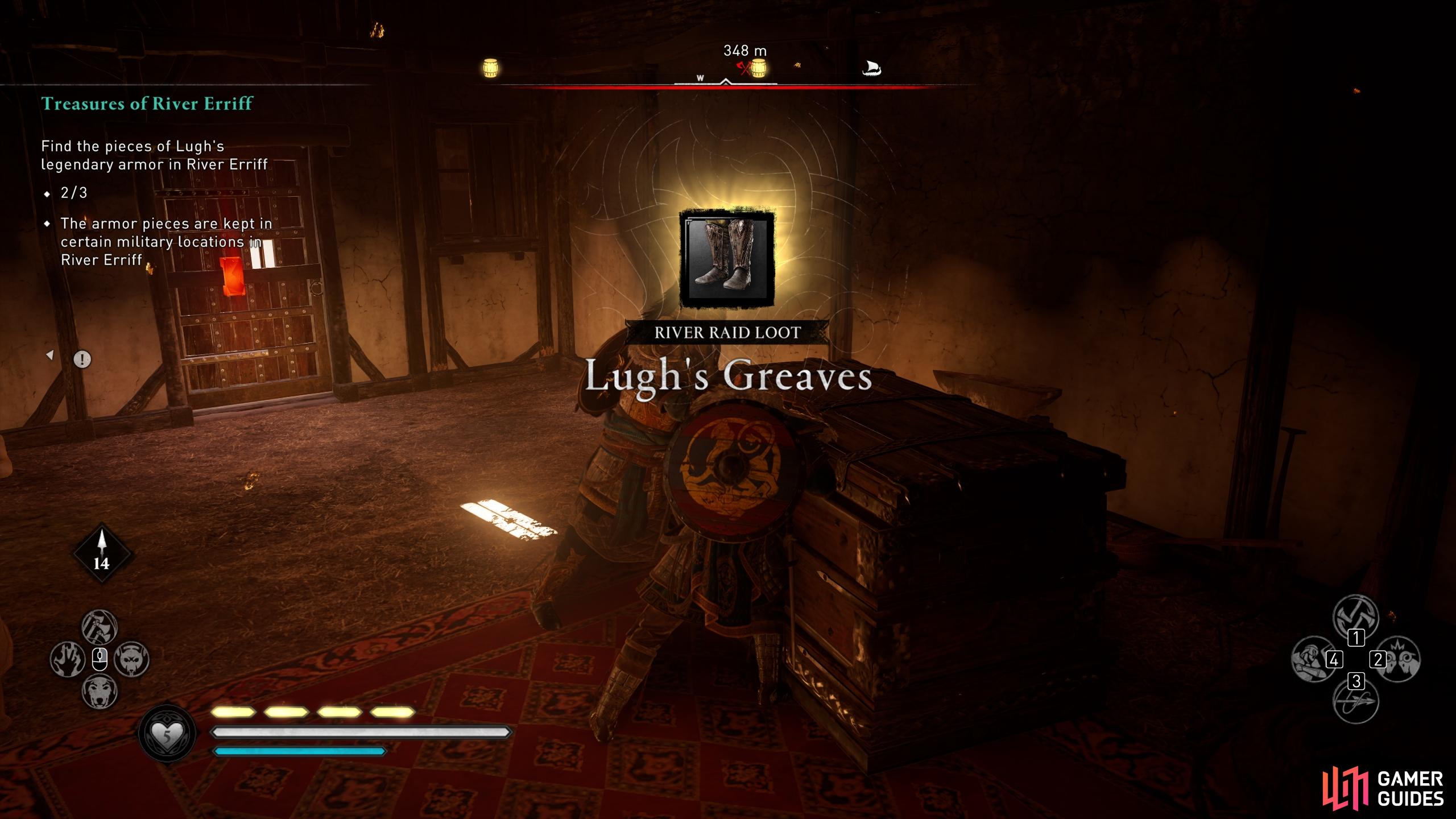 Youll find Lughs Greaves in a regular wealth chest.