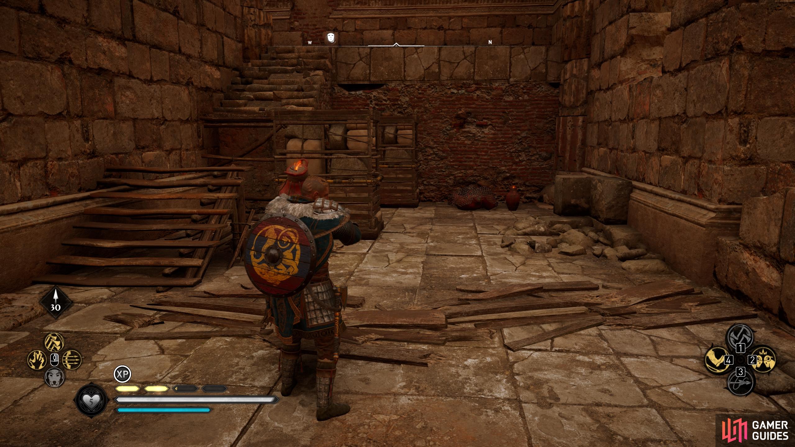 After moving the barricade between the steps, take a fire pot and place it on the blockade.