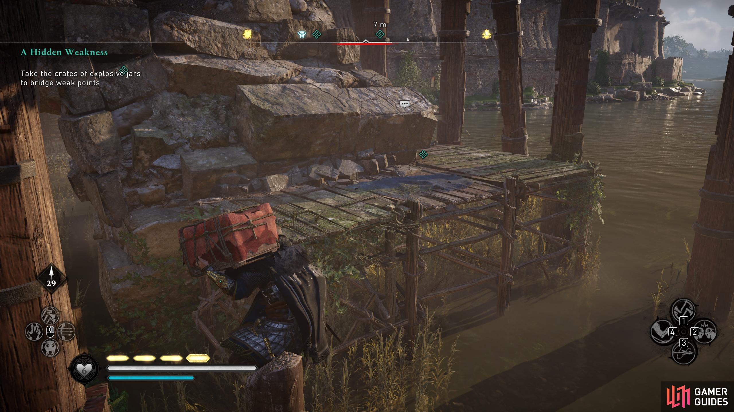 You'll be able to jump to the second marker from the wooden planks on the left side of the bridge.