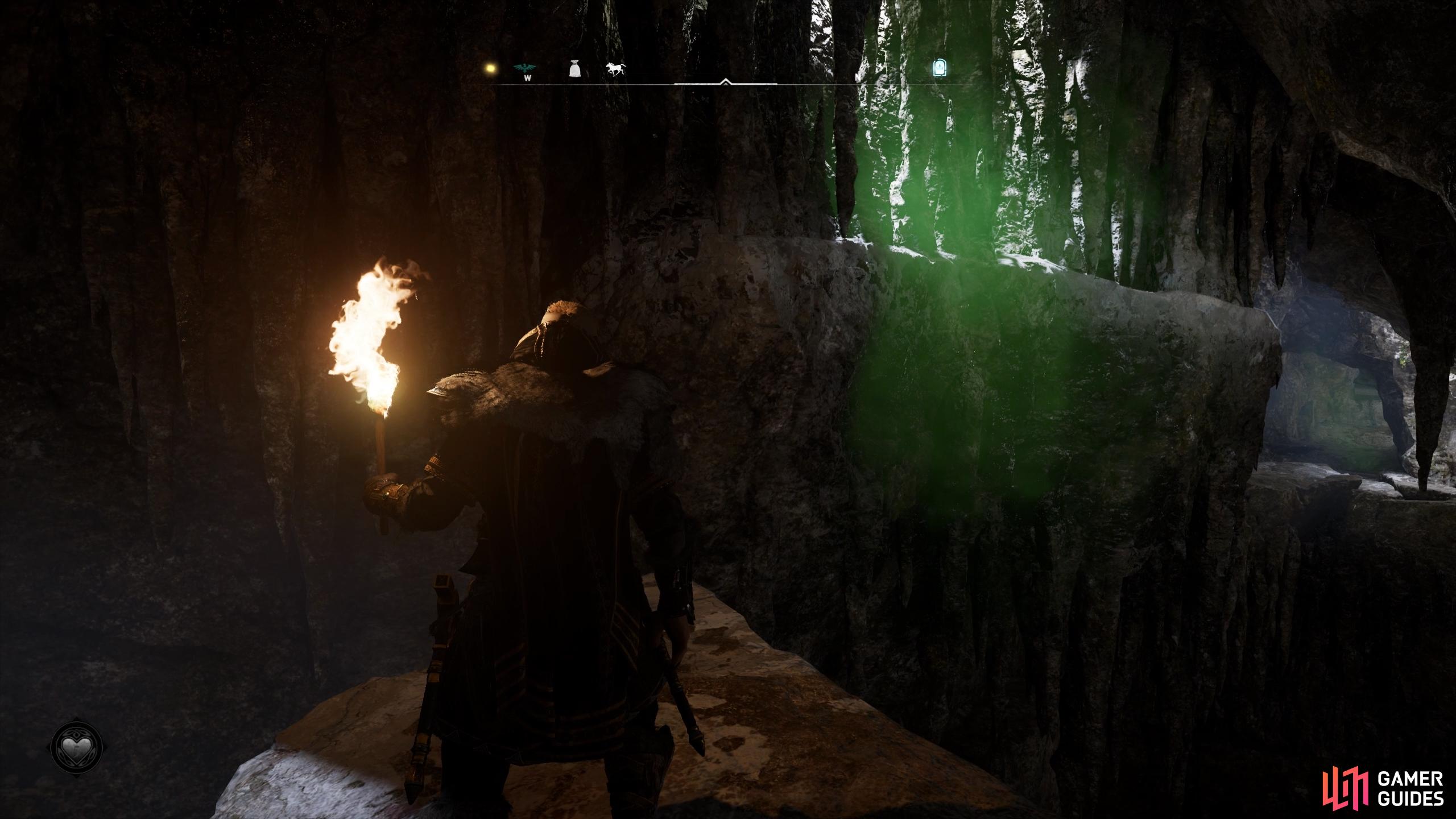 Equip your torch before you jump to the ledge to disperse the poison cloud.