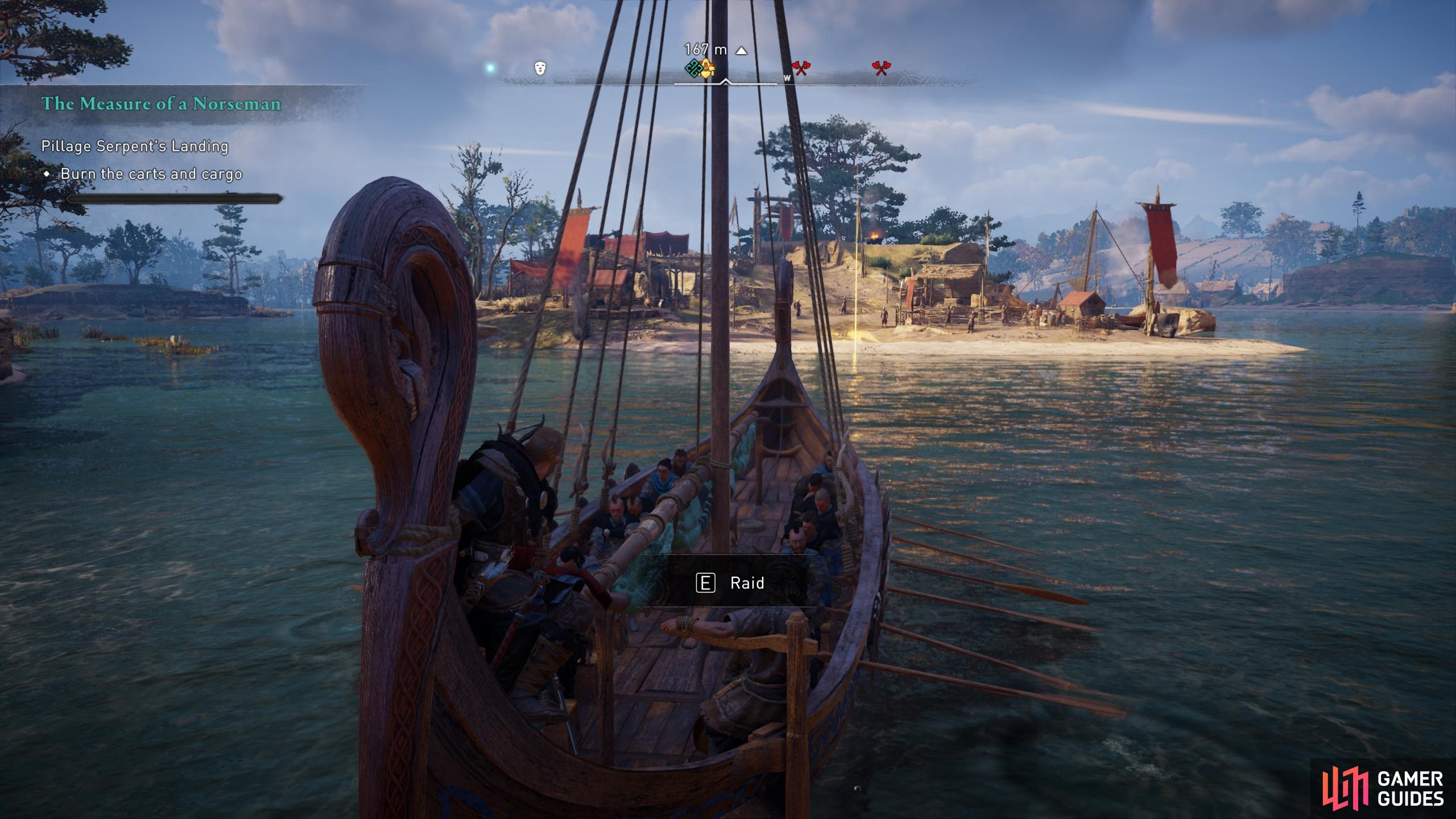 Raid the camp at Serpent's Landing from your longship with your warriors.