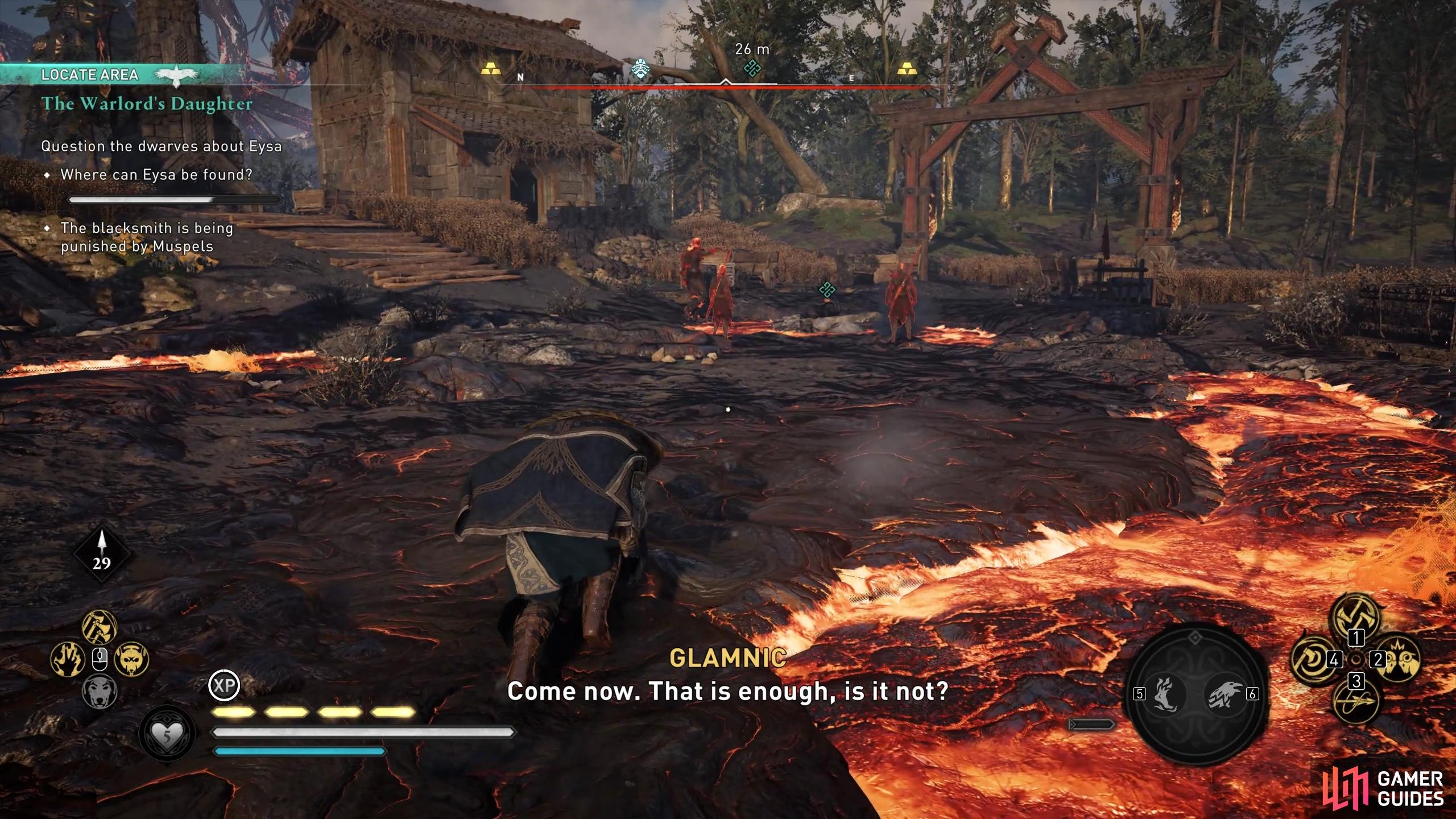 You can rescue the blacksmith using the Power of Muspelheim, then speak with him for key information.