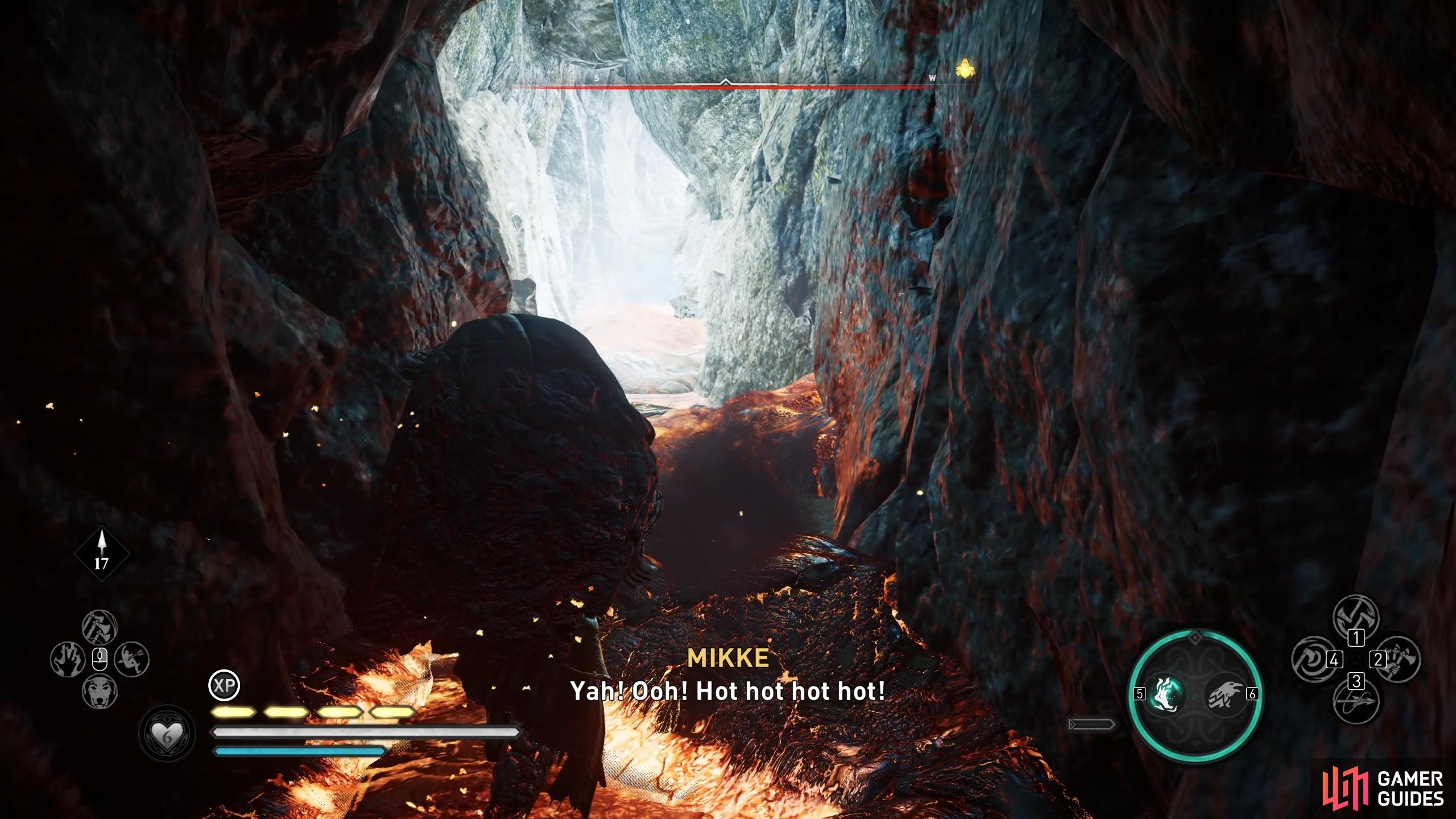 Carry Mikke out of the cave using the Power of Muspelheim.