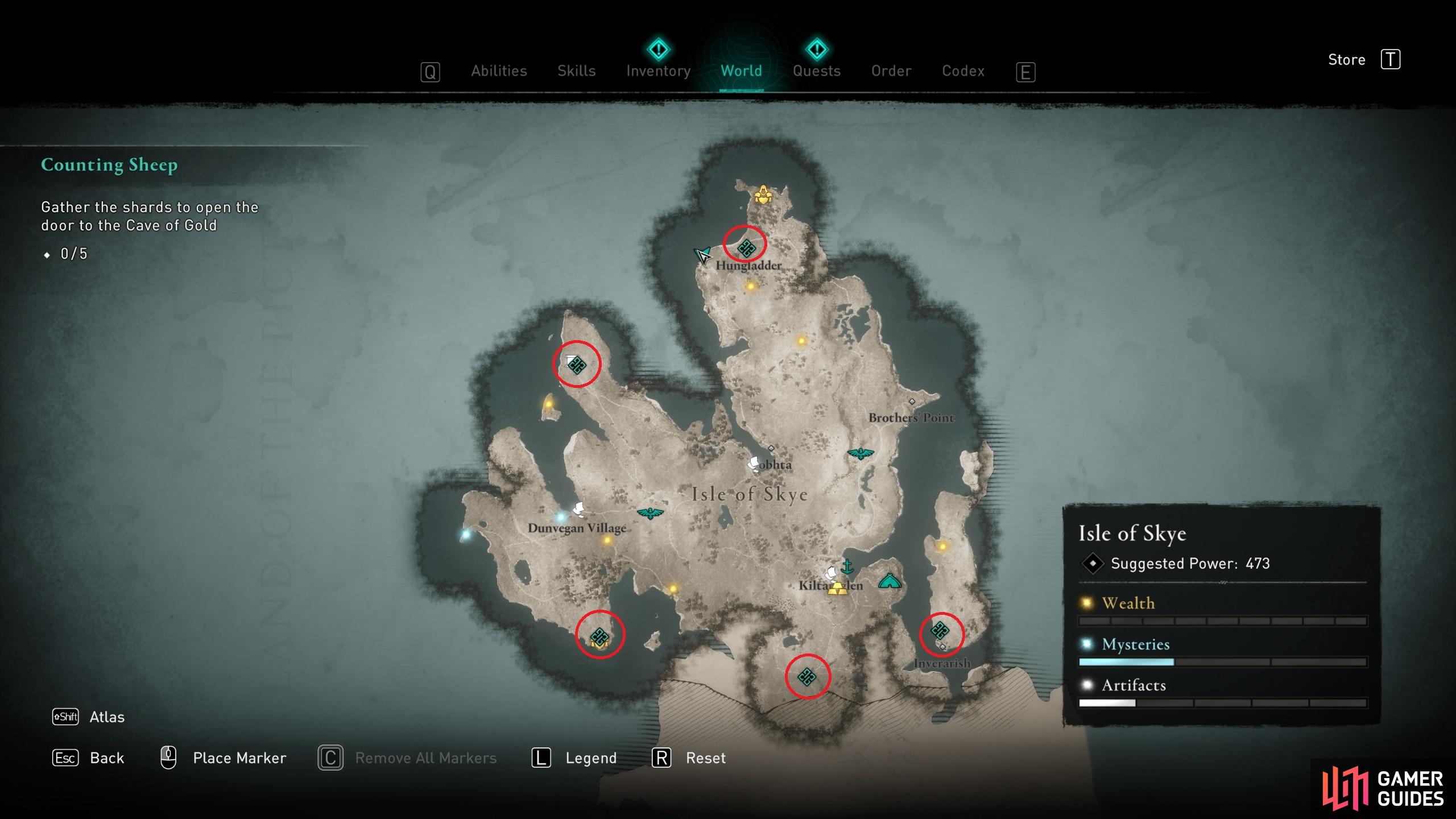 The locations of all five shards on the Isle of Skye.