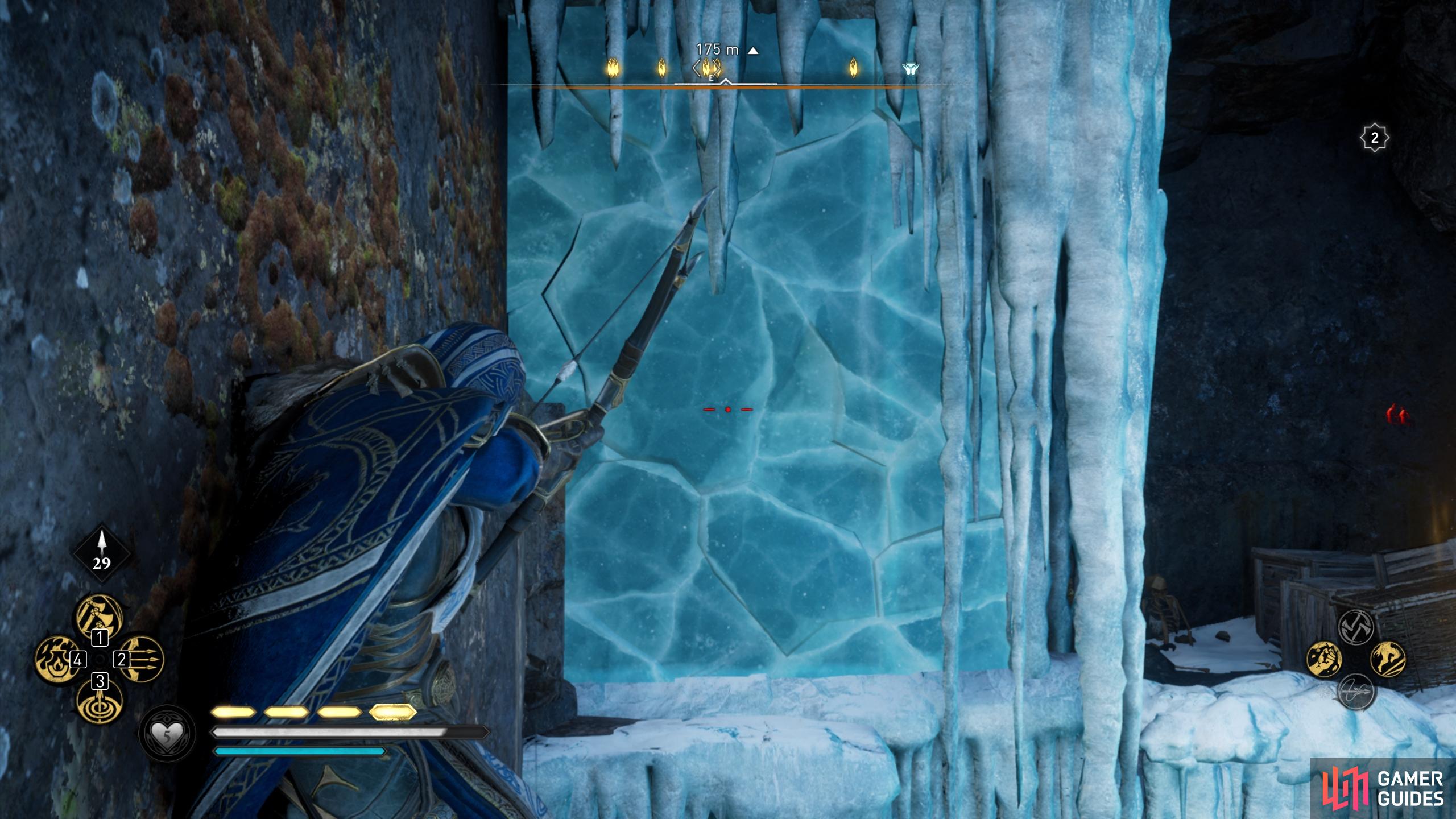 Shoot the ice within the room to jump to the ledge where the chest can be found.