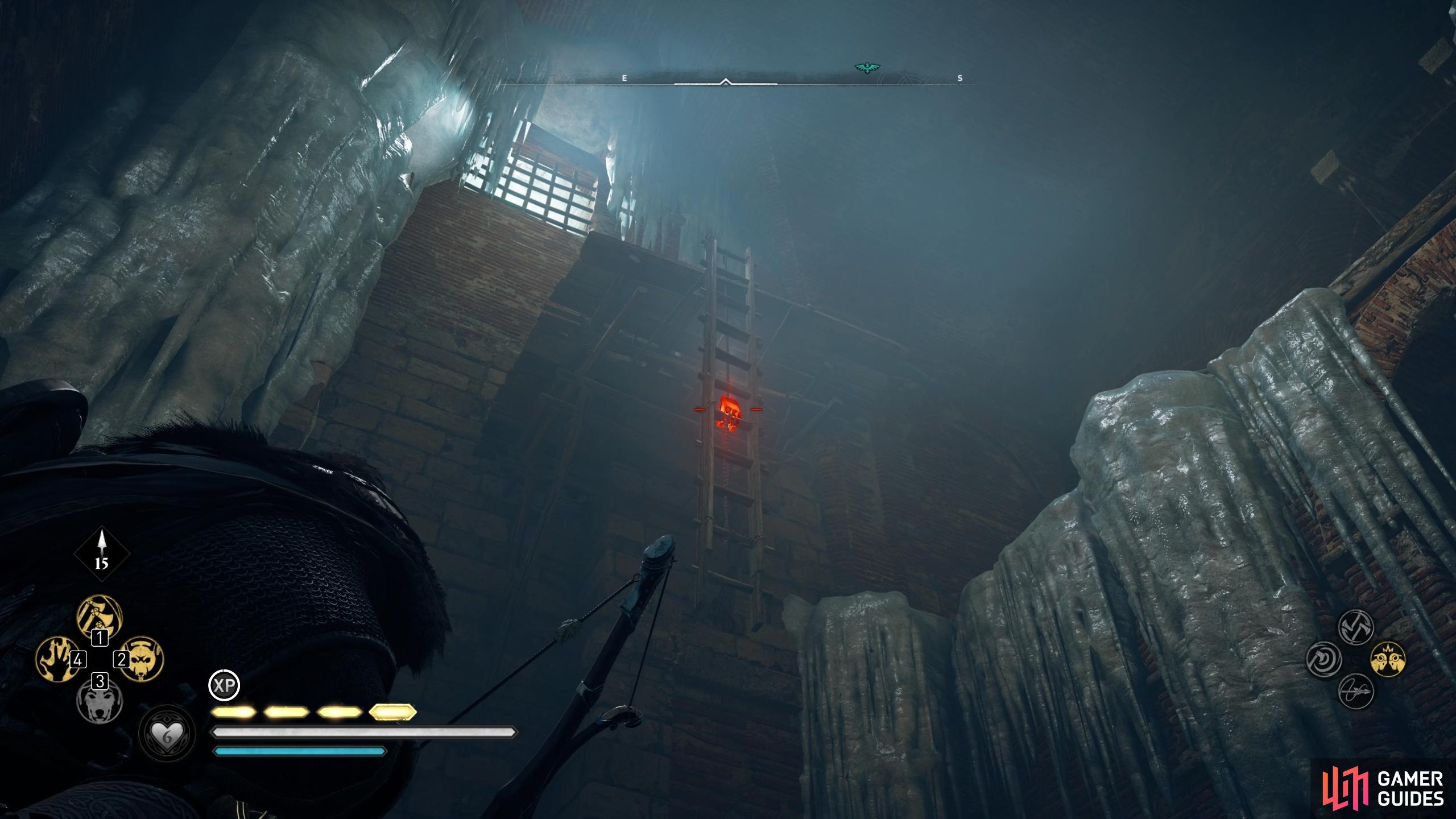 Shoot the link in the ladder to lower it, then jump onto it from the stone pillar.