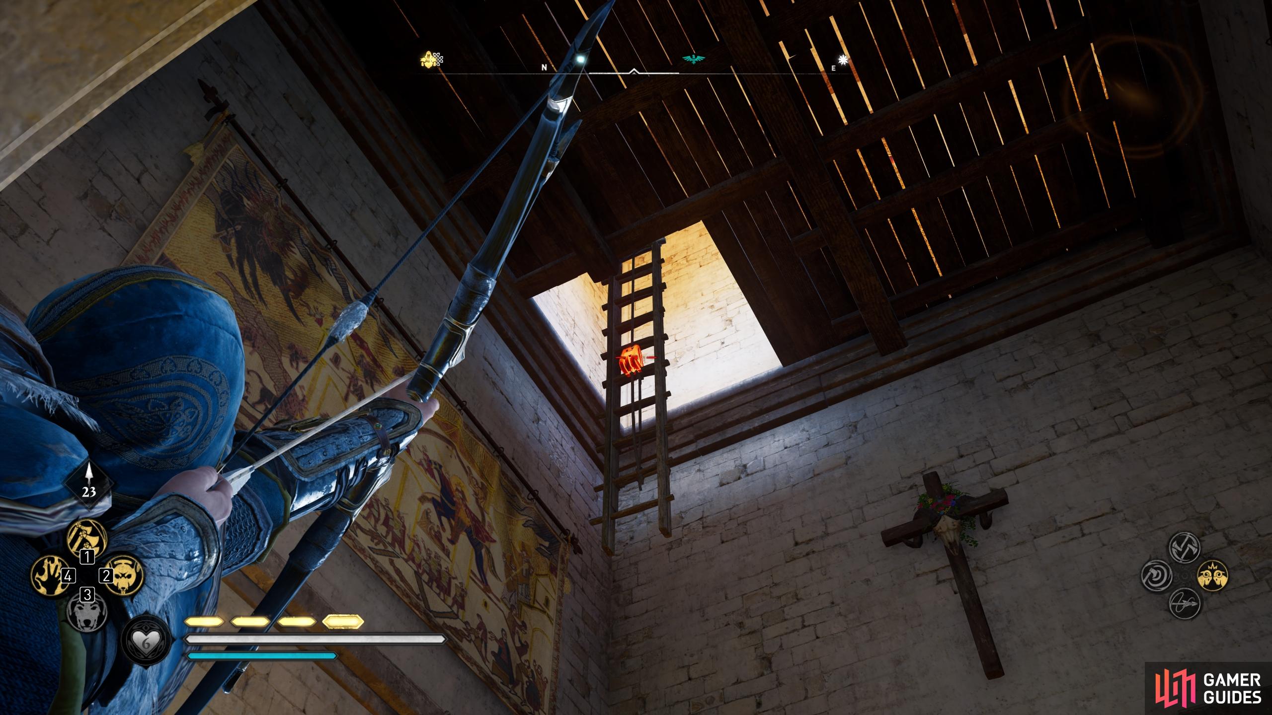 Shoot the ladder link on the eastern side of the church, leading up to the tower.