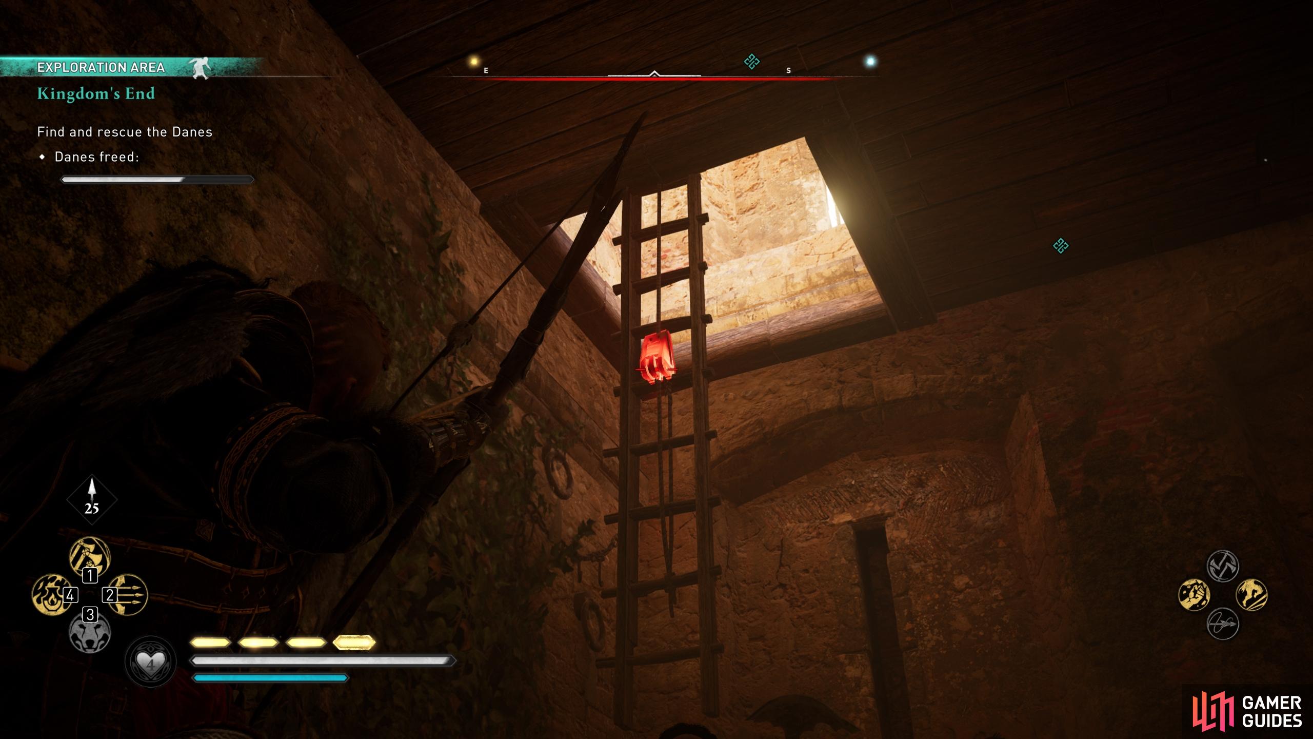 You'll need to shoot the ladder link beneath the tower to free the Danes.