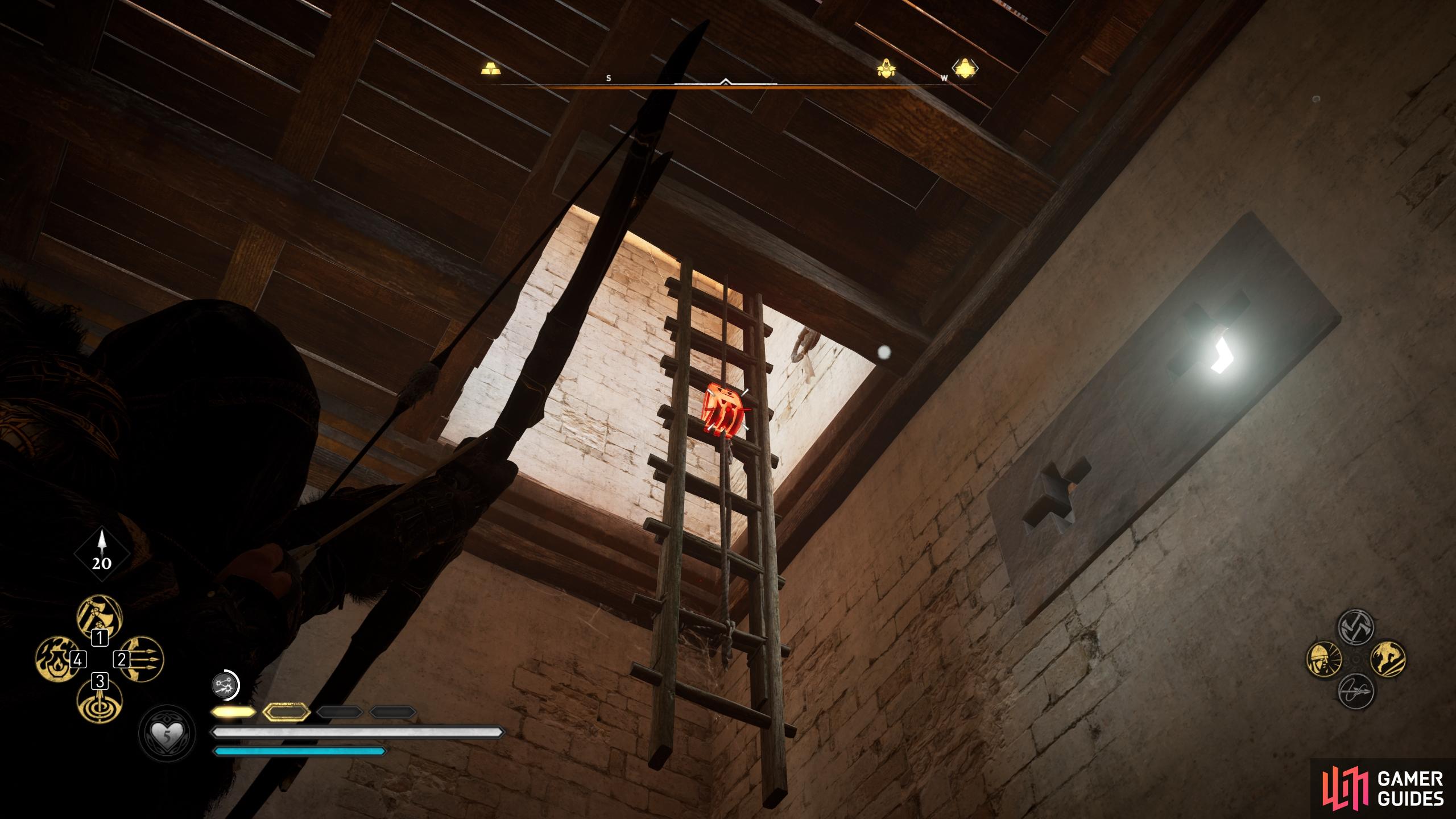 Shoot the link on the ladder to lower it.