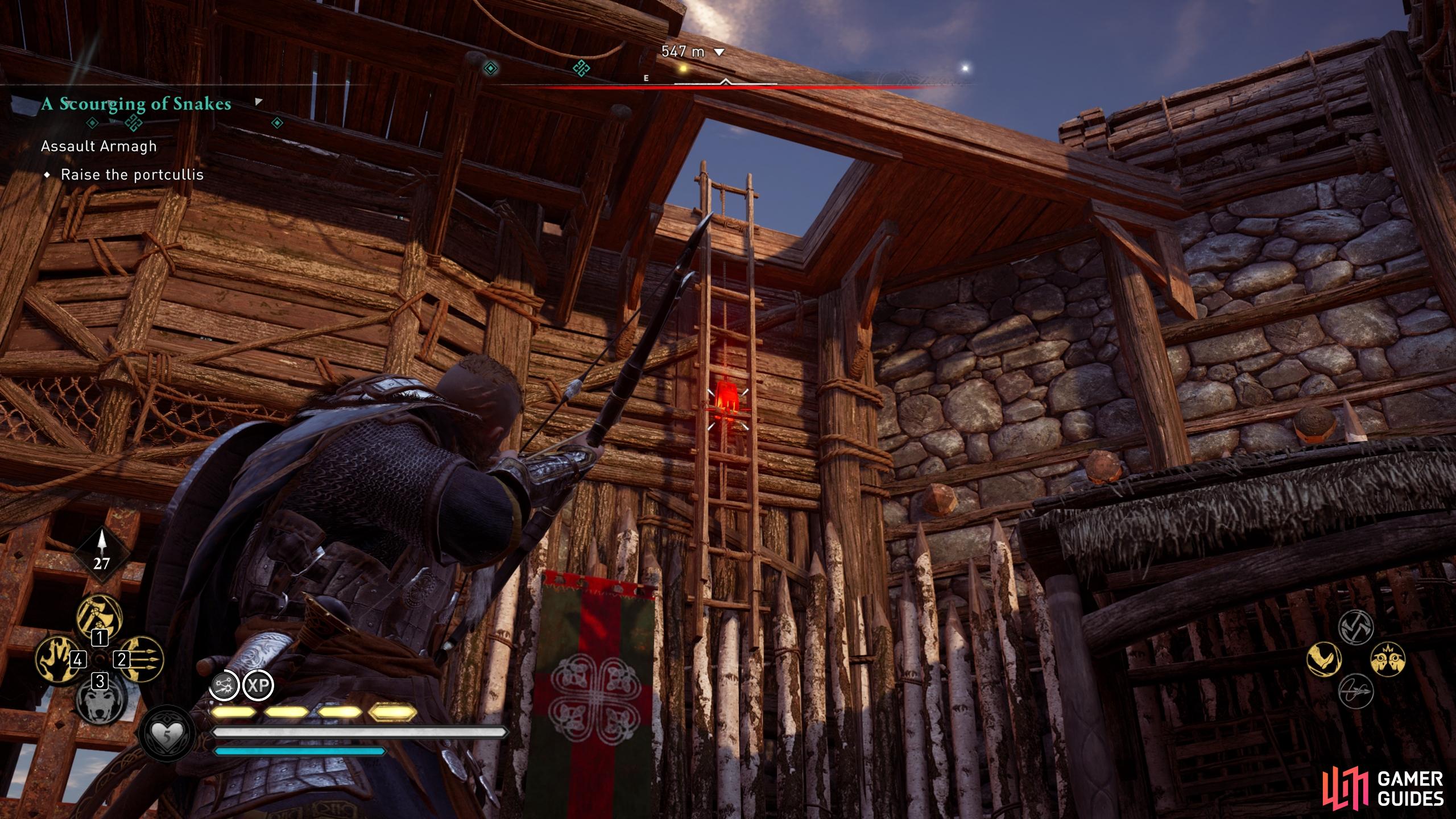 Shoot the link on the ladder to the right of the gate to reach the portcullis.