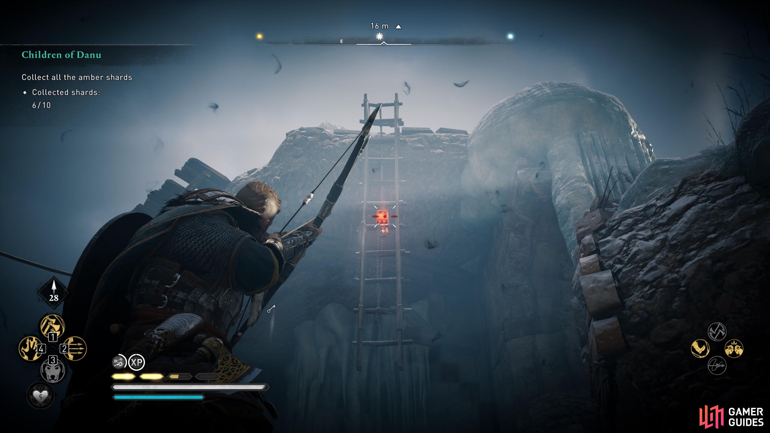 Shoot the link on the ladder to lower it. You can then climb to the symbol at the top of the tower.