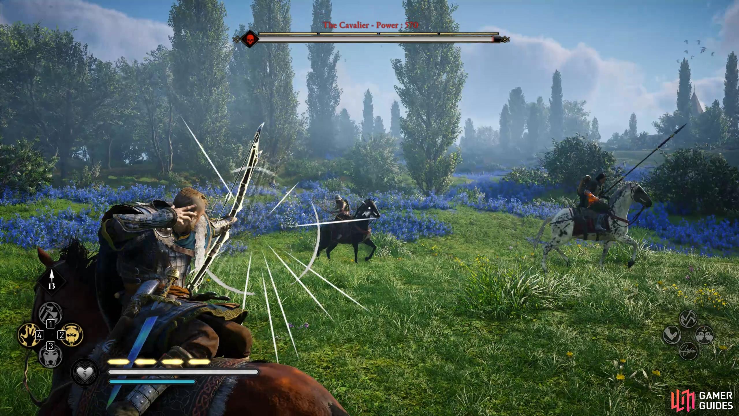 You can shoot the other mounted soldier from horseback if you're confident with your aim.