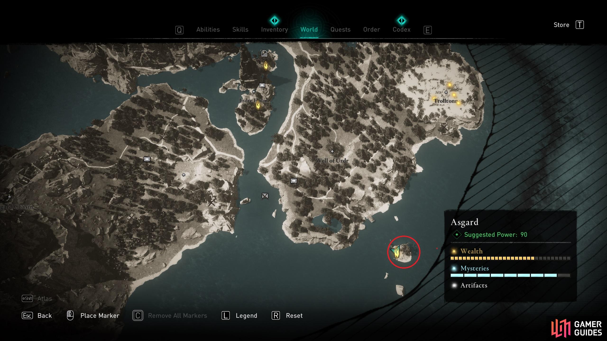 The location of the Ymir's Tear Stone on the small island in the southeast of the map.