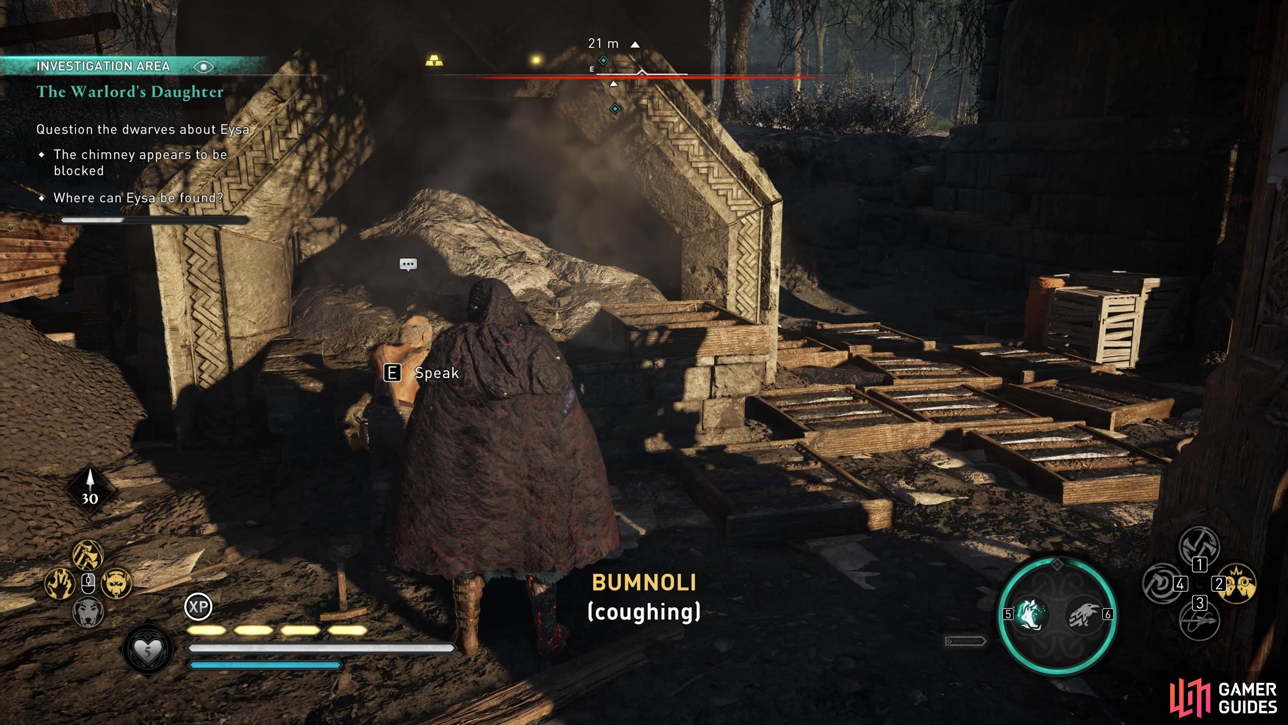 You can speak with Bumnoli once you've fixed his forge for key information on where to find the blacksmith.