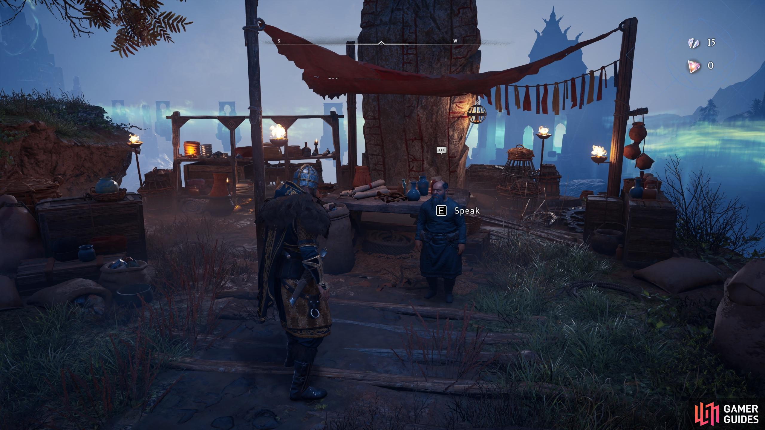 You'll find Nar opposite the outfitters in Odin's Camp.