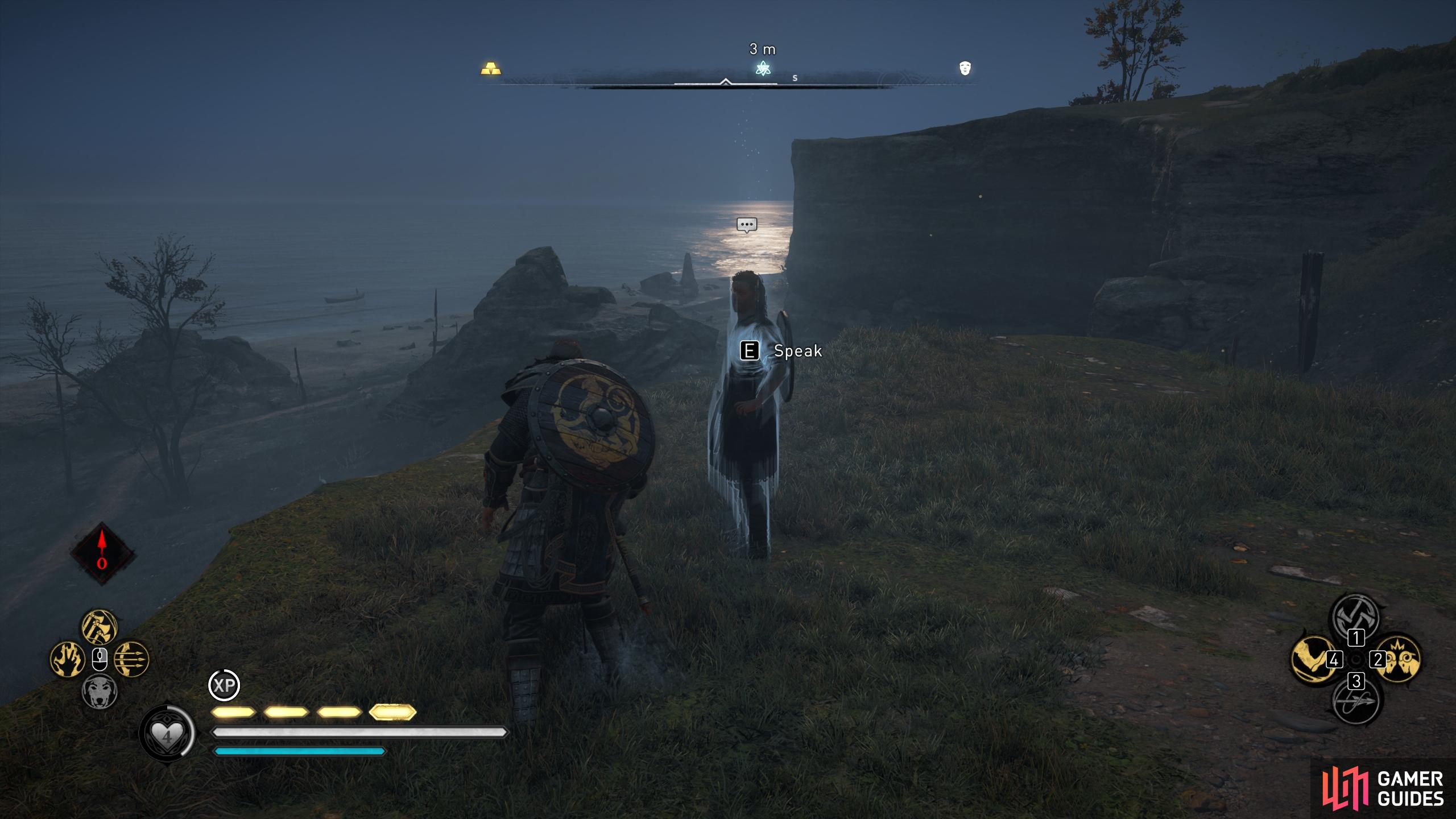 Once you've killed all the bandits, return to Skegi on the cliff edge.