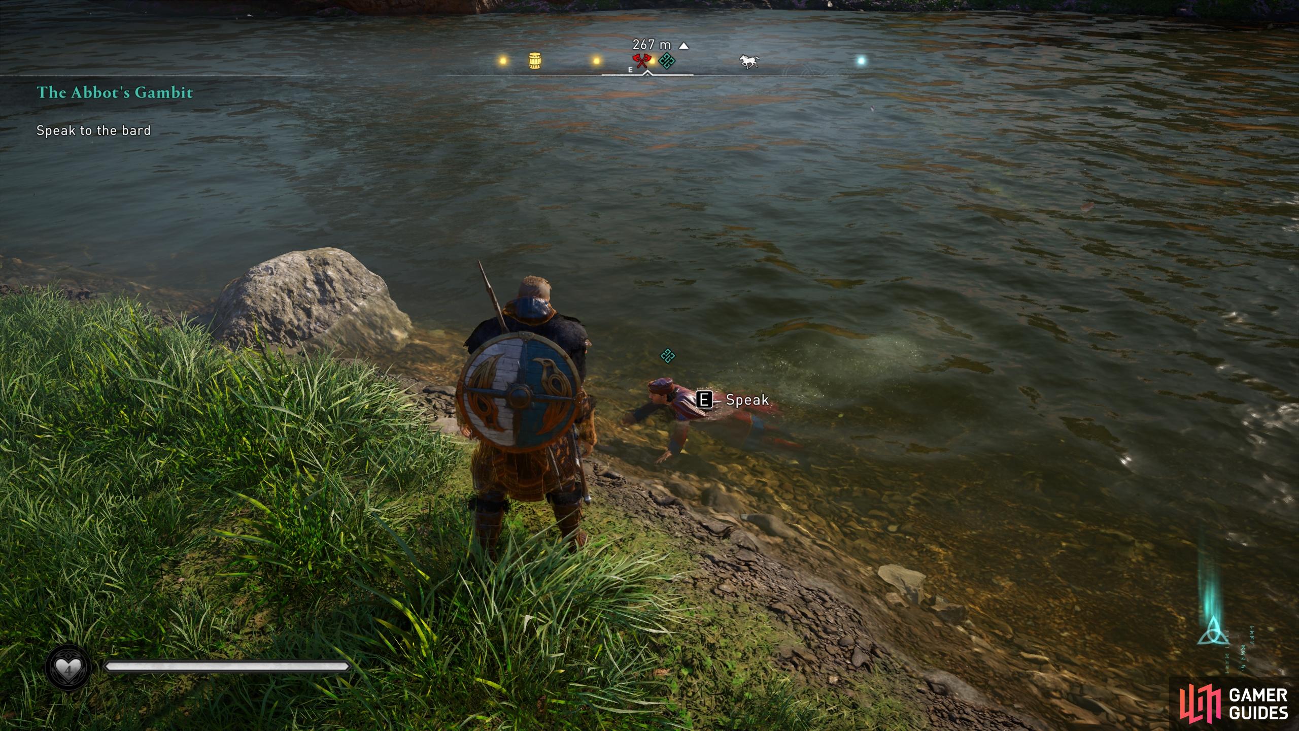 Once you've thrown the bard in the river, you'll be able to speak with him.